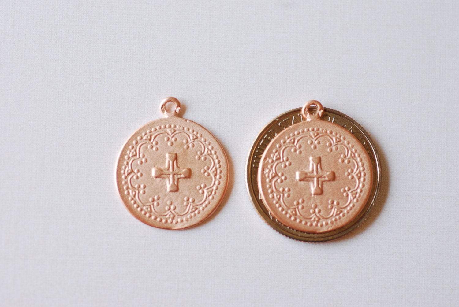 Matte Pink Vermeil Rose Gold Round Cross Pendant - 18k gold plated over sterling silver, Communion Cross, Rose Gold Christian Catholic Cross - HarperCrown