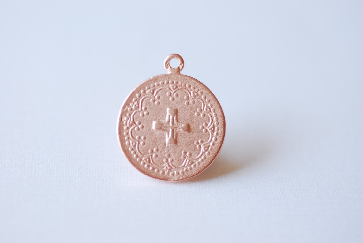 Matte Pink Vermeil Rose Gold Round Cross Pendant - 18k gold plated over sterling silver, Communion Cross, Rose Gold Christian Catholic Cross - HarperCrown