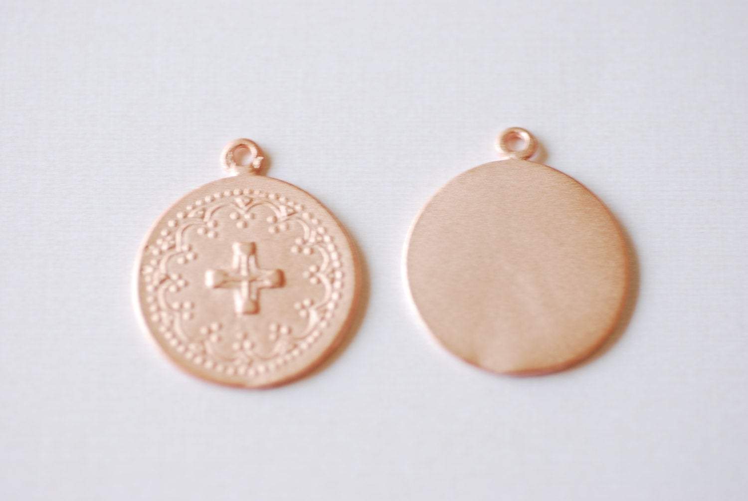 Matte Pink Vermeil Rose Gold Round Cross Pendant - 18k gold plated over sterling silver, Communion Cross, Rose Gold Christian Catholic Cross - HarperCrown