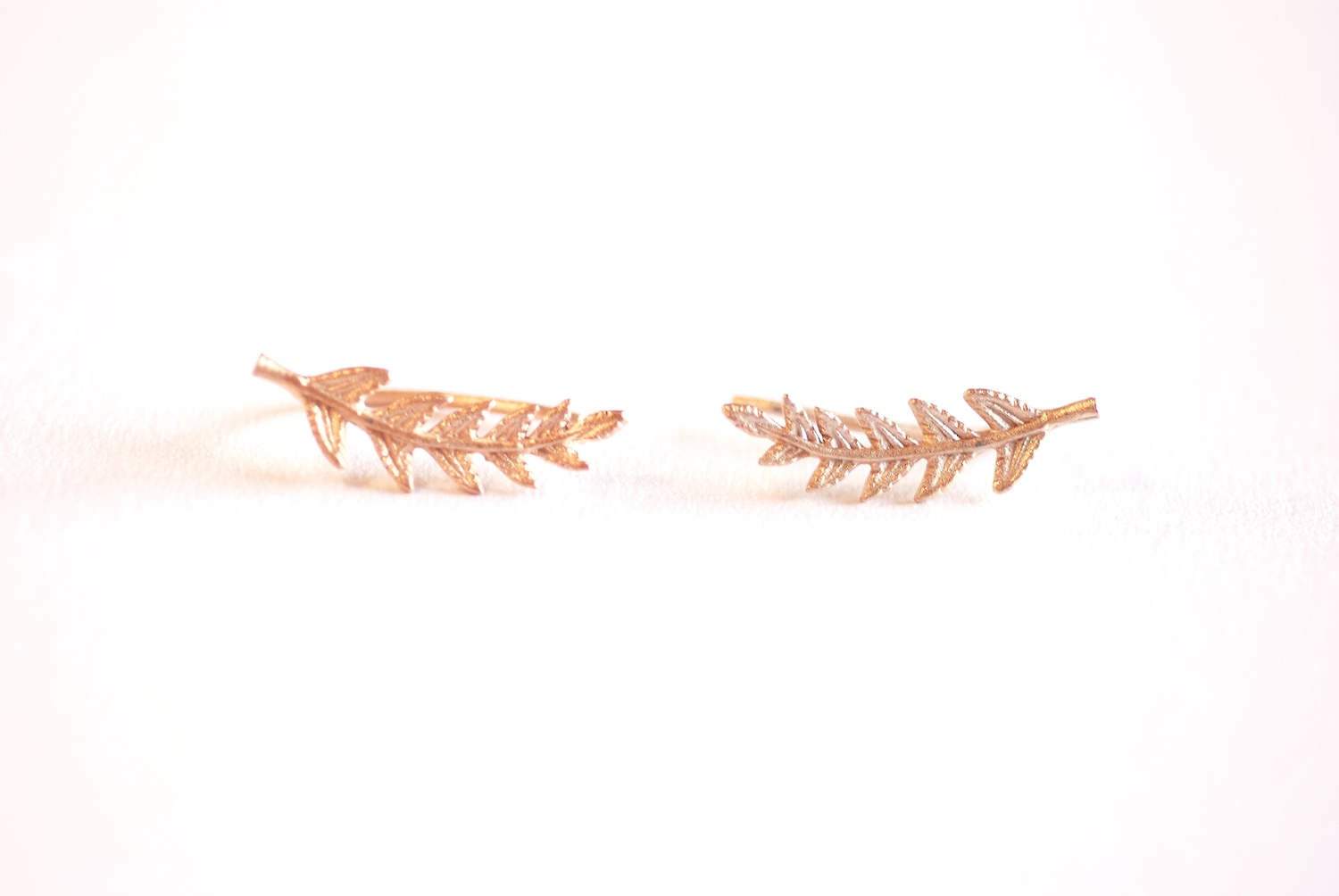 Matte Rose Gold Leaf Ear Climber- Rose Gold Leaf Ear Cuff, Leaf Earrings Ear Crawler, Ear Climber, Ear Jacket, Leaves Ear Climber Crawler - HarperCrown