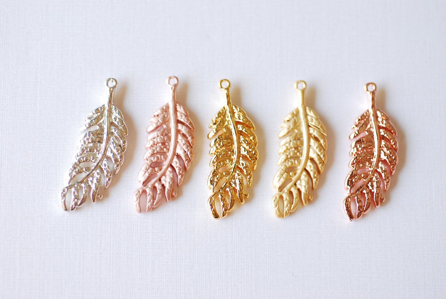 Matte Rose Vermeil Gold Fern Feather Leaf Charm - 18k gold plated over Sterling Silver, Rose Gold Flower Leaf Charm, Gold Tree Branch Charm - HarperCrown