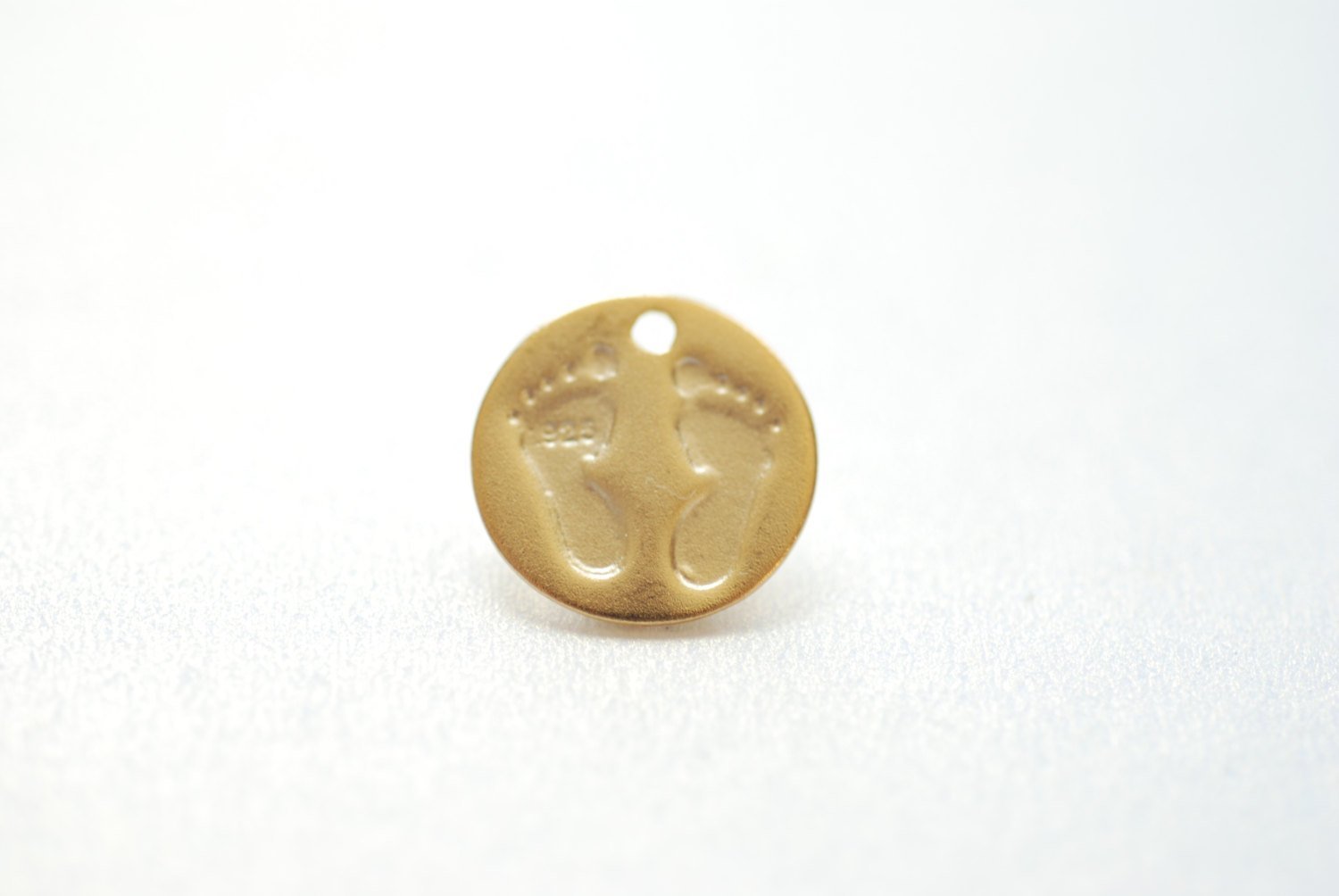 Matte Vermeil Gold Baby Foot Print Disc Charm - 18k Gold Plated Over Sterling Silver, tiny baby feet on round disk, Gold Baby Feet imprint - HarperCrown