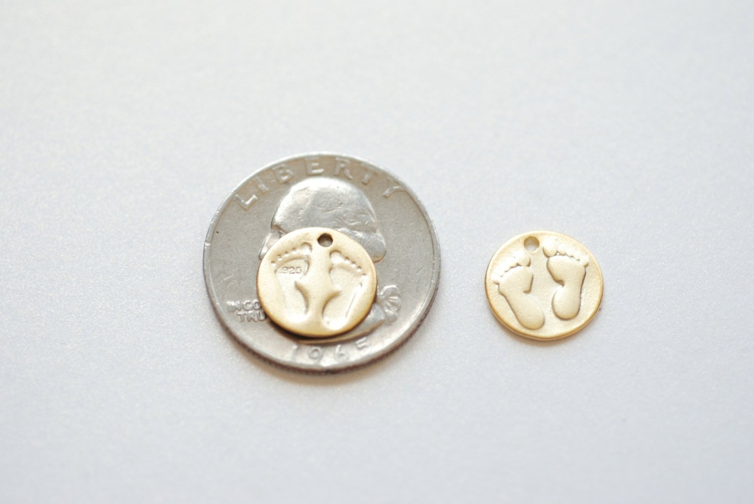 Matte Vermeil Gold Baby Foot Print Disc Charm - 18k Gold Plated Over Sterling Silver, tiny baby feet on round disk, Gold Baby Feet imprint - HarperCrown