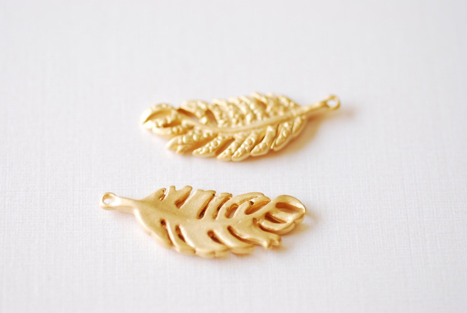 Matte Vermeil Gold Fern Feather Leaf Charm - 18k gold plated over Sterling Silver, Gold Flower Leaf Charm, Gold Tree Branch Charm, Nature - HarperCrown