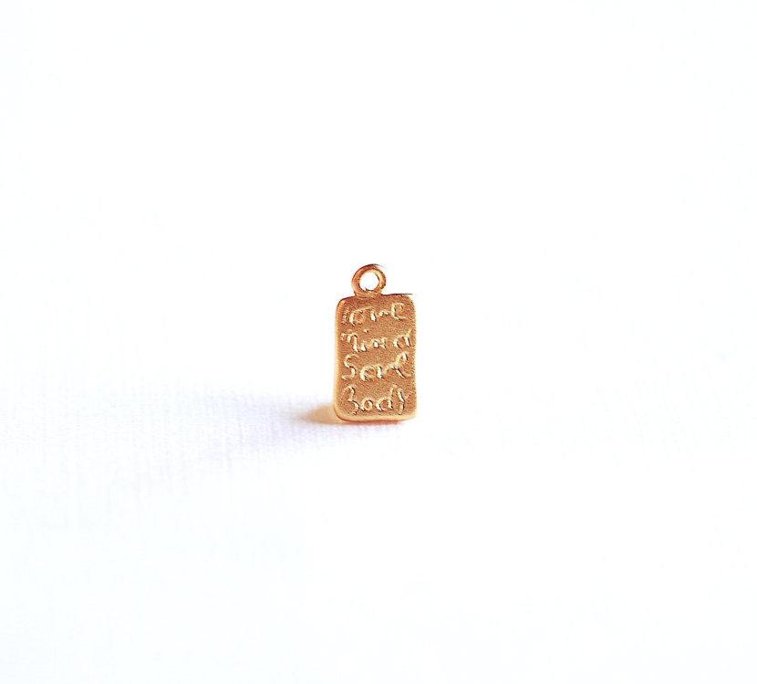 Matte Vermeil Gold Rectangle Charm Pendant- 18k gold over Sterling Silver, Love, Mind, Soul, Body, Words on bar charm, Stamped Bar, 235 - HarperCrown