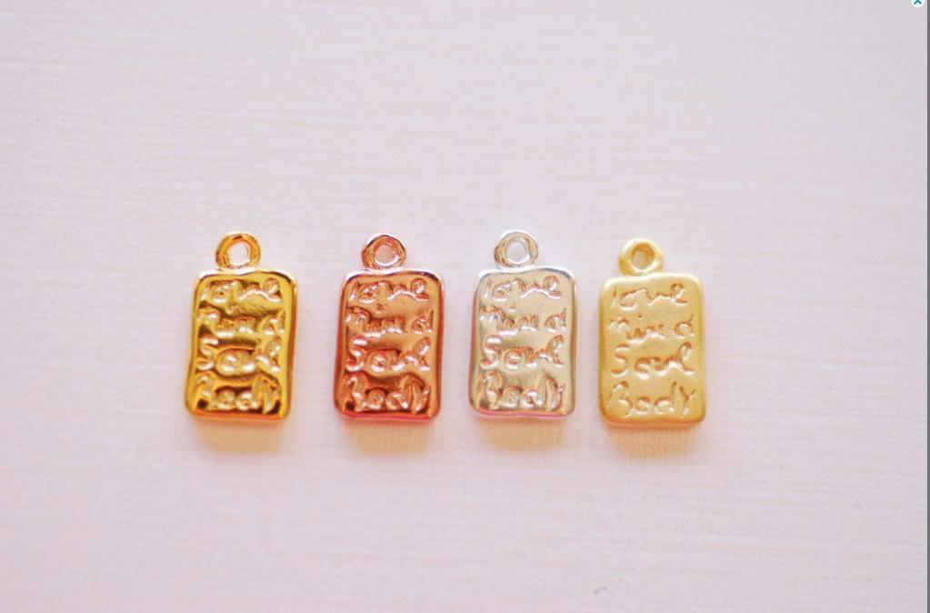 Matte Vermeil Gold Rectangle Charm Pendant- 18k gold over Sterling Silver, Love, Mind, Soul, Body, Words on bar charm, Stamped Bar, 235 - HarperCrown