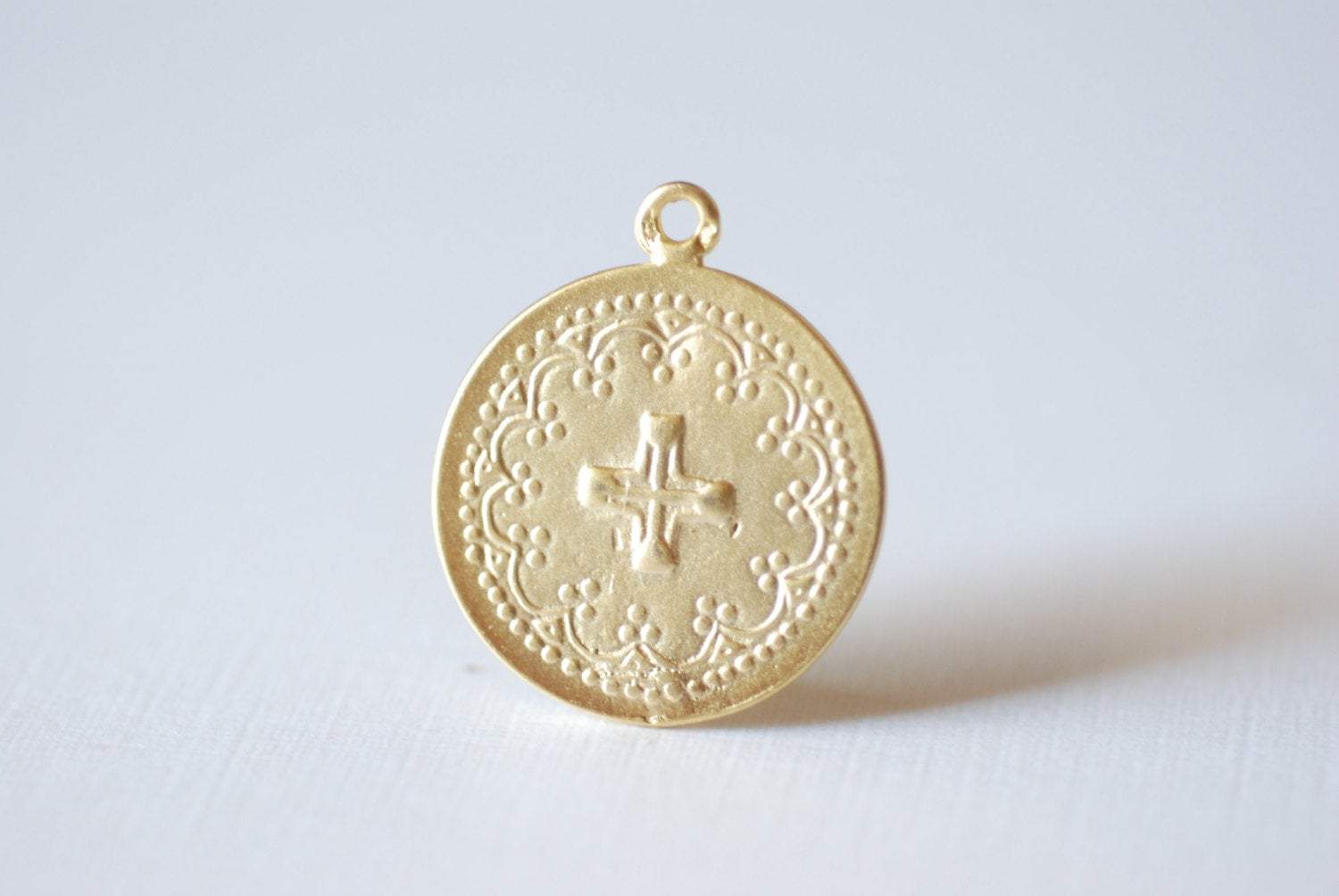 Matte Vermeil Gold Round Cross Pendant - 18k gold plated over sterling silver, Communion Cross, Vermeil Gold Christian Catholic Cross, 215 - HarperCrown