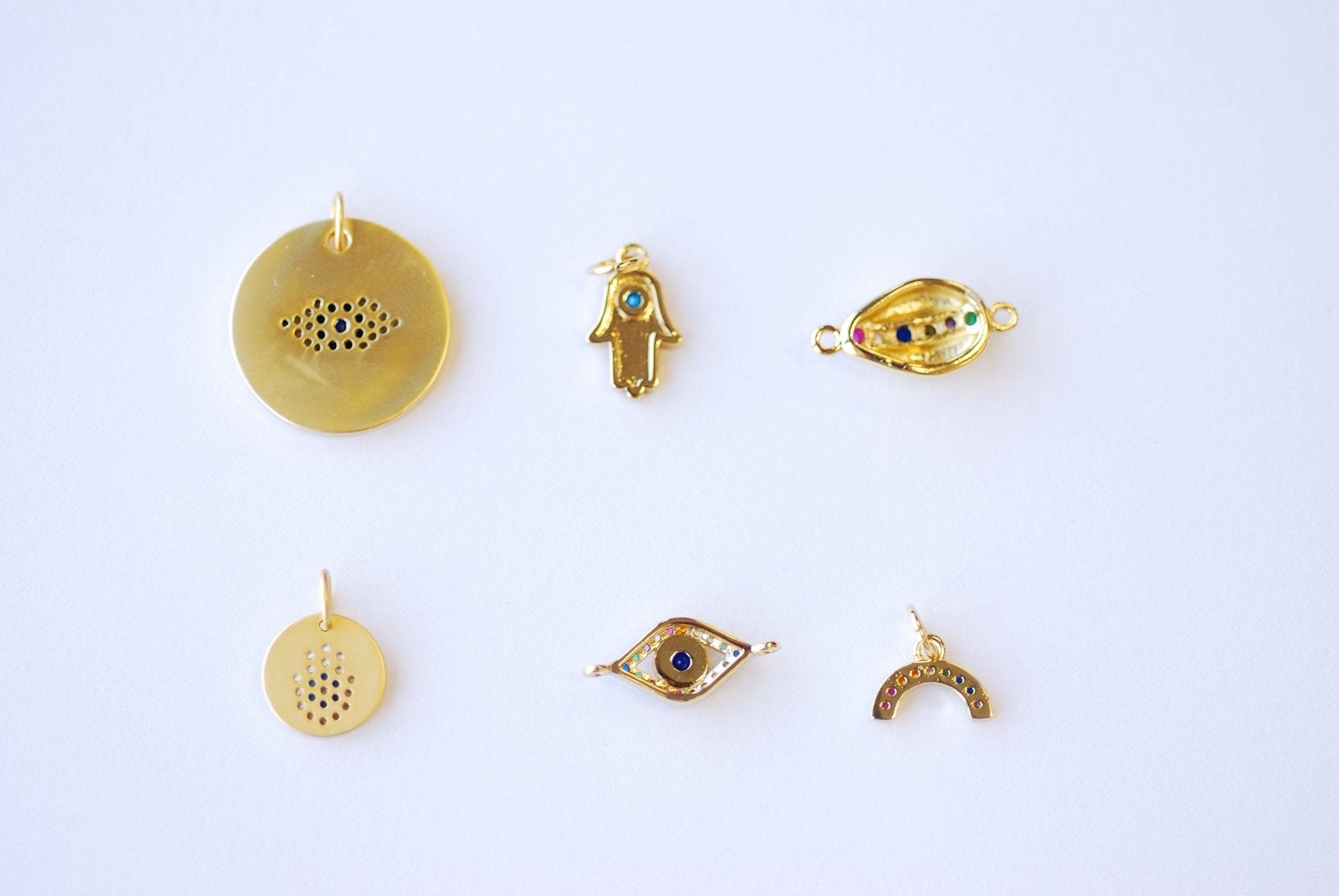 Micro Pave CZ Charms - 16k Gold plated Brass, Gold Rainbow Round Evil Eye Hamsa Hand Cowrie Cowry shell, Multi color CZ Stone Charms, 306 - HarperCrown