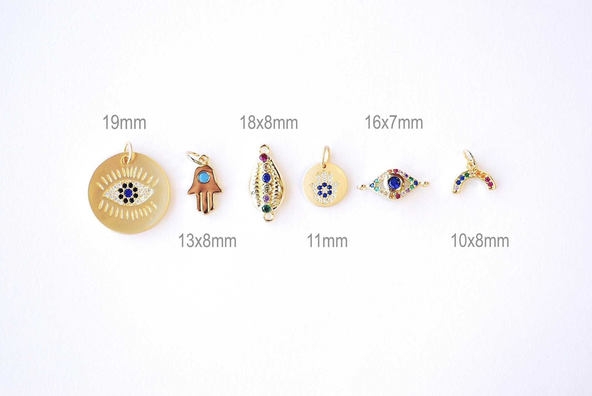 Micro Pave CZ Charms - 16k Gold plated Brass, Gold Rainbow Round Evil Eye Hamsa Hand Cowrie Cowry shell, Multi color CZ Stone Charms, 306 - HarperCrown