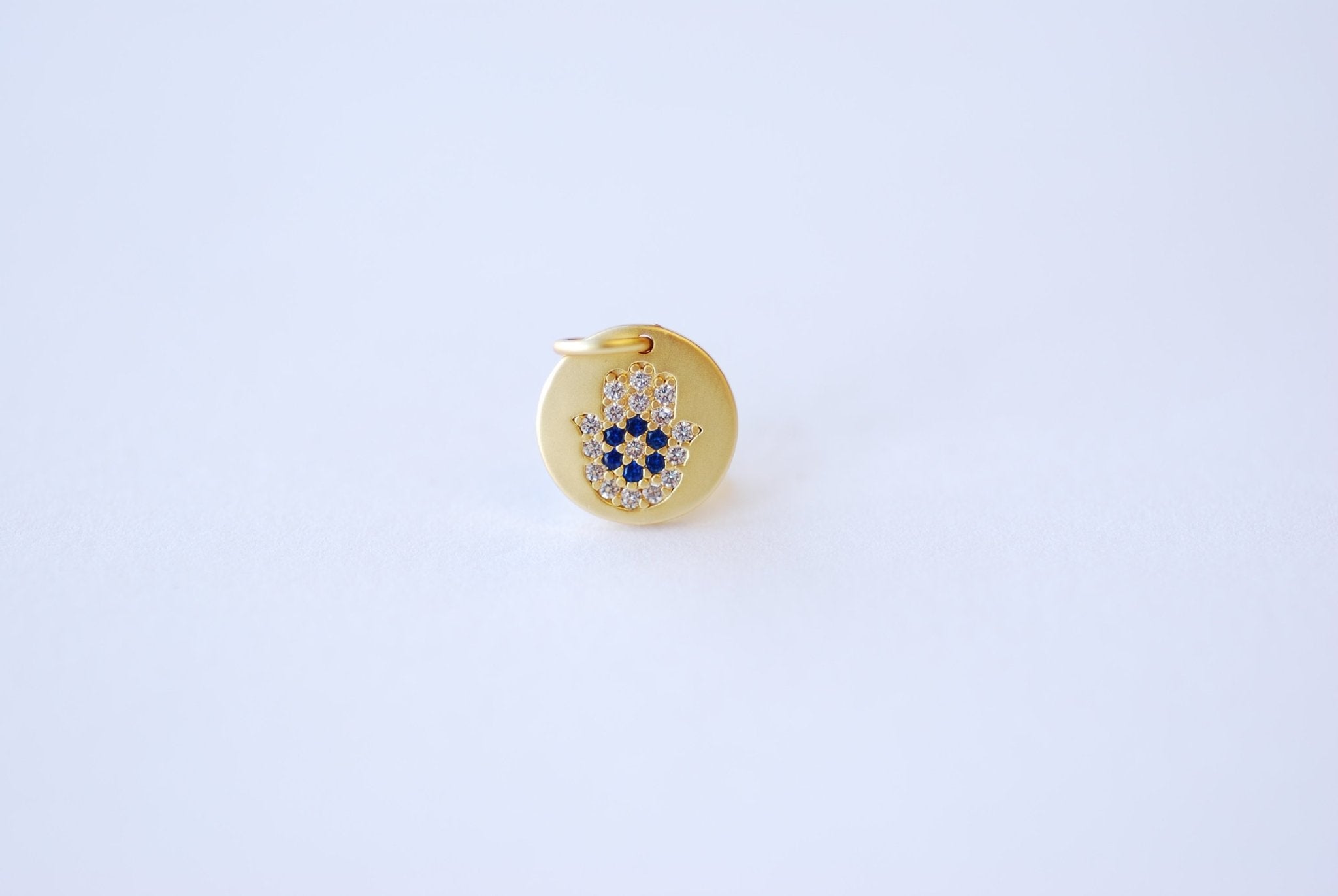 Micro Pave CZ Charms - 16k Gold plated Brass, Gold Rainbow Round Evil Eye Hamsa Hand Cowrie Cowry shell, Multi color CZ Stone Charms, 306 - HarperCrown