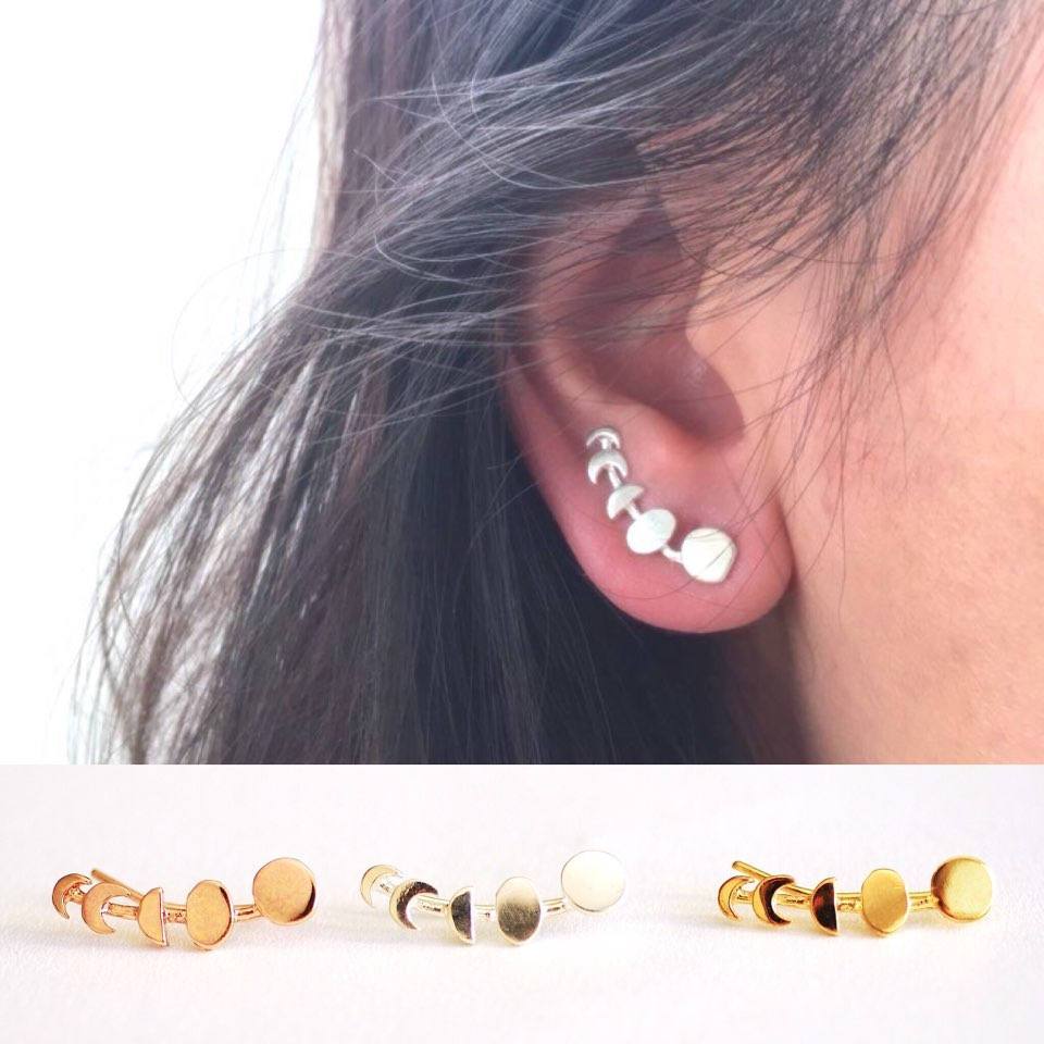 Moon Phases Earrings Ear Climbers- 925 Sterling Silver, Gold, Rose Gold, Moon Phase Ear Crawlers, silver ear climbers, Moon Earrings, Sweeps - HarperCrown