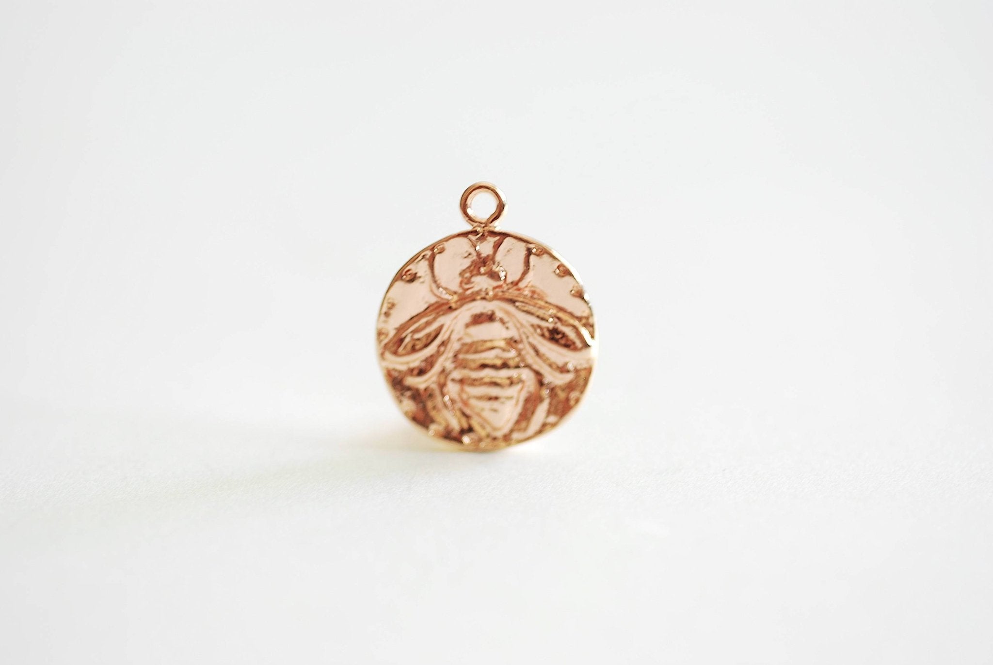 Pink Rose Gold Bee Charm- Vermeil Gold, Bumblebee, Honeybee, Queen Bee, Coin Disc Charm, Silver Charm, Gold Charm, Large Bee Pendant, 374 - HarperCrown