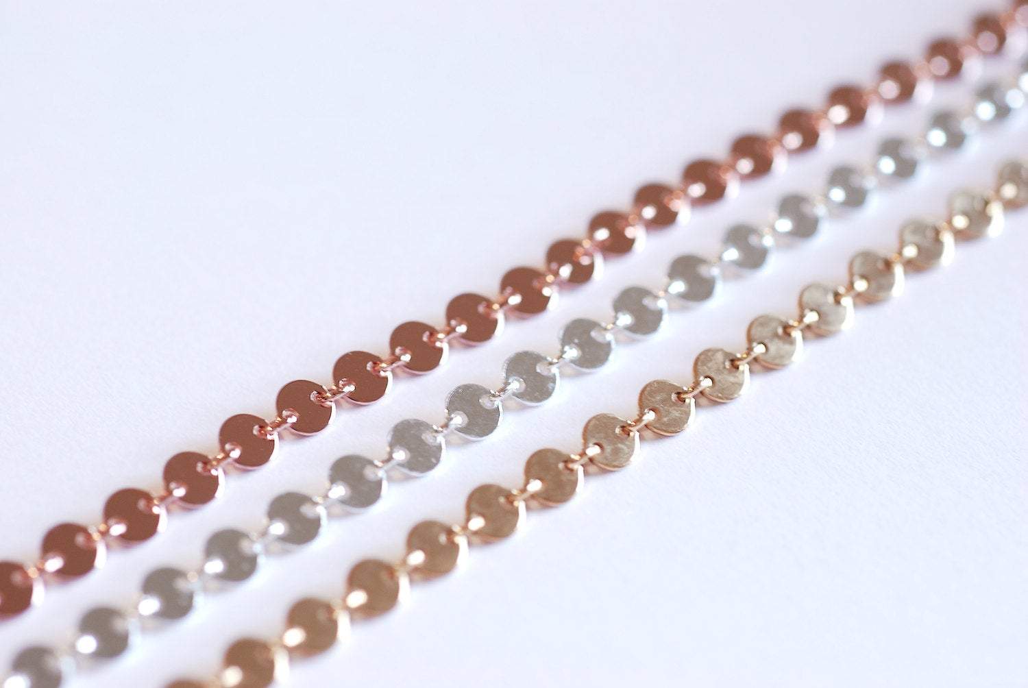 Rose Gold 4mm Sequin Disc Chain- Rose Gold plated Round Disc Circle Chain, Chain by foot, Wholesale BULK DIY Jewelry Findings 1/20 14kt GF - HarperCrown