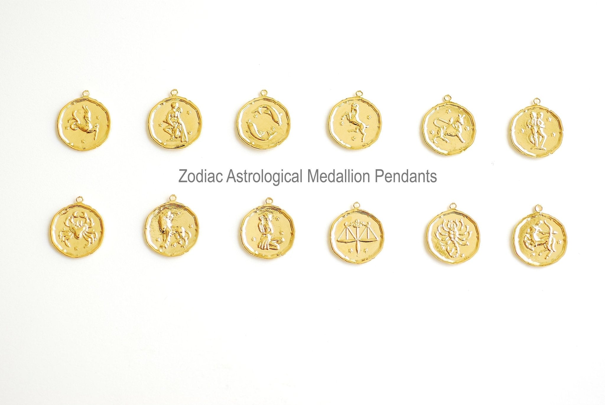 Round Zodiac Pendant- Vermeil Gold 22k Gold plated over 925 Sterling Silver, Zodiac Coin Charm, Constellation Charm, Astrological Sign - HarperCrown