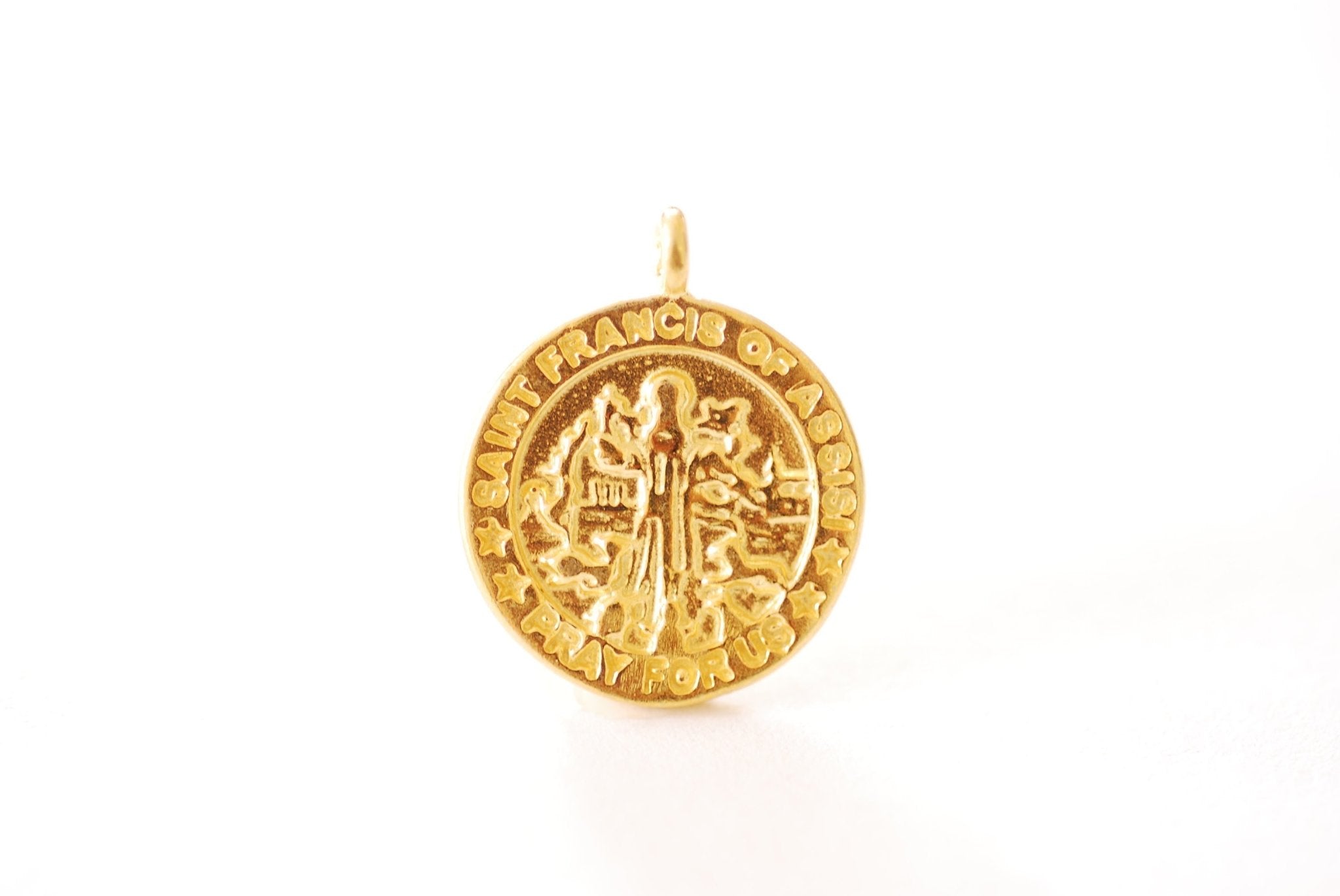 Saint St Francis Assisi Pendant Charm Vermeil gold or Sterling Silver Patron Saint for Animals Pray For Us Coin Medallion Catholic [J332] - HarperCrown