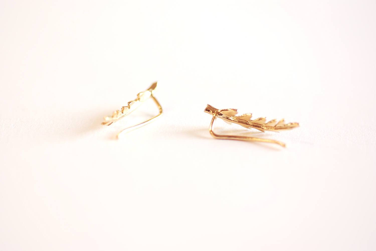 Shiny Gold Leaf Ear Climber- Gold Leaf Ear Cuff, Leaf Earrings Ear Crawler, Gold Ear Climber, Ear Jacket, Leaves Ear Climber Crawler, Jacket - HarperCrown