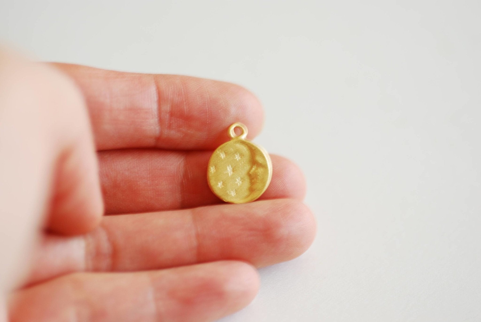 Shiny Gold Moon Charm, Vermeil, Moon and Stars, Celestial Charm, Moon with Face Charm, Night Sky, Moon Disc, Round Moon Charm, Stars, 370 - HarperCrown