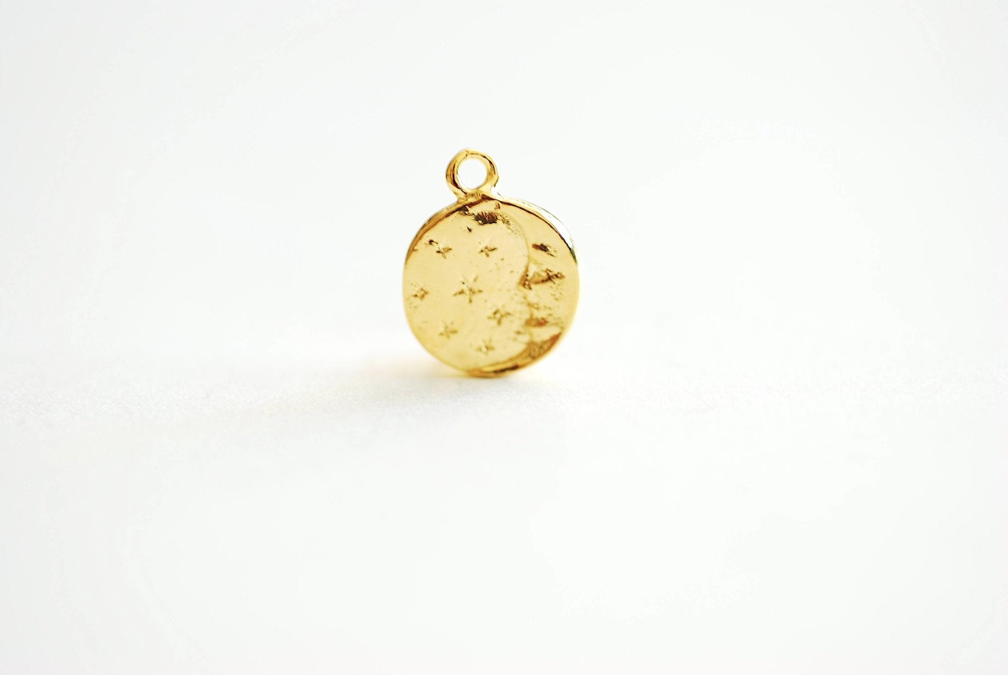 Shiny Gold Moon Charm, Vermeil, Moon and Stars, Celestial Charm, Moon with Face Charm, Night Sky, Moon Disc, Round Moon Charm, Stars, 370 - HarperCrown