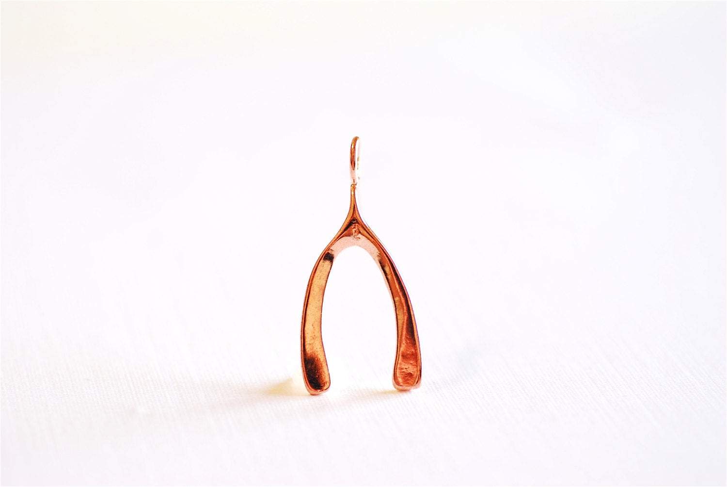 Shiny Pink Rose Gold Vermeil Wishbone Charm Pendant- 18k gold plated Sterling Silver, Rose Gold Wishbone Charm, Large Chicken Bone, 234 - HarperCrown