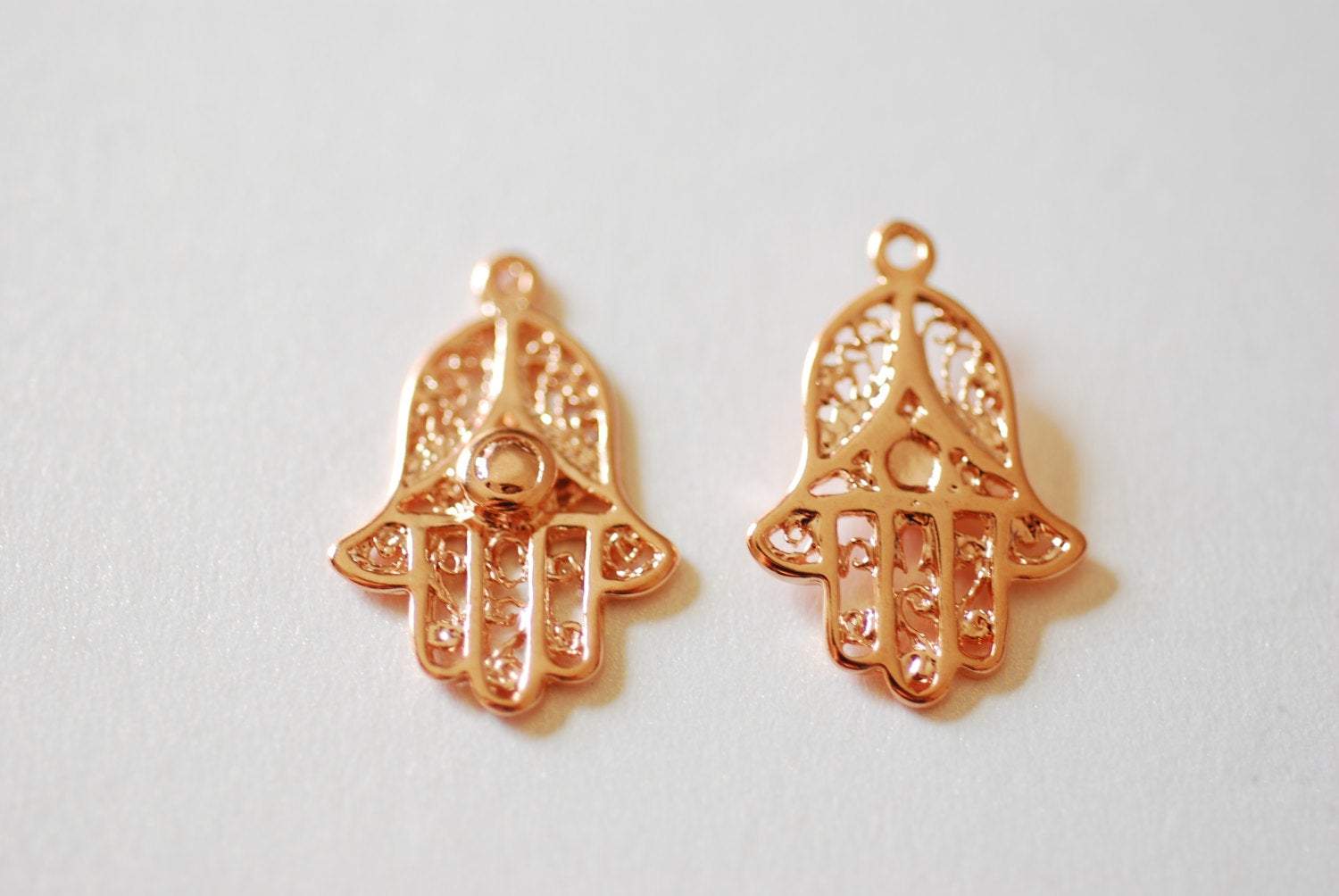 Shiny Pink Rose Vermeil Gold Hamsa Hand- 18k gold 925 Sterling silver hamsa hand charm, yoga hand, hand charm, evil eye, hand of fatima, 74 - HarperCrown