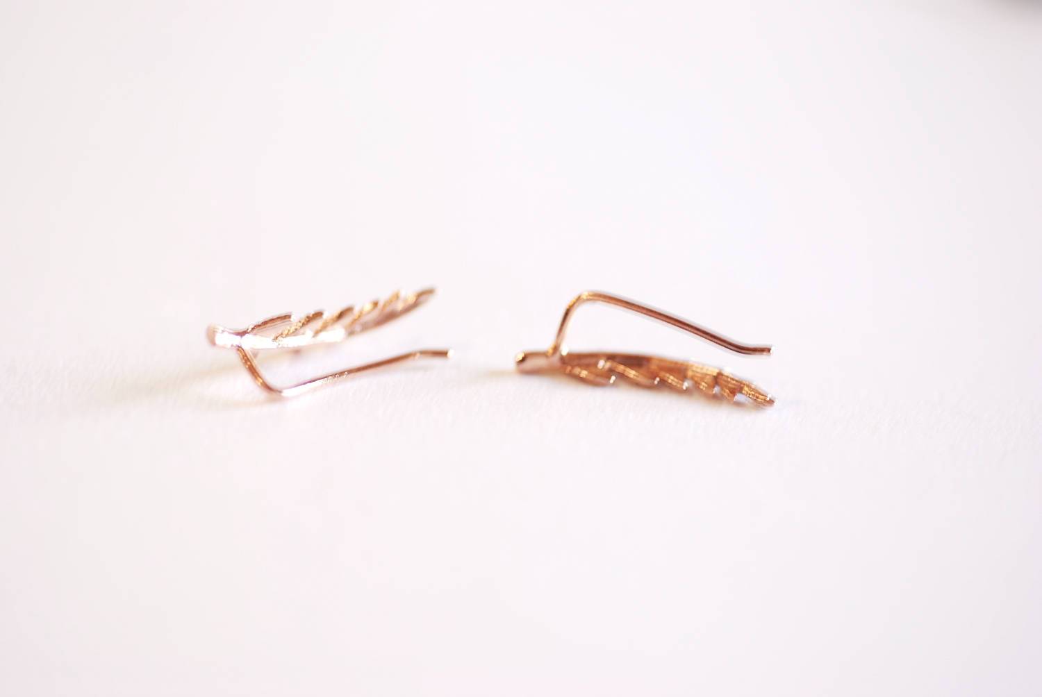 Shiny Rose Gold Leaf Ear Climber- Rose Gold Leaf Ear Cuff, Leaf Earrings Ear Crawler, Ear Climber, Ear Jacket, Leaves Ear Climber Crawler - HarperCrown