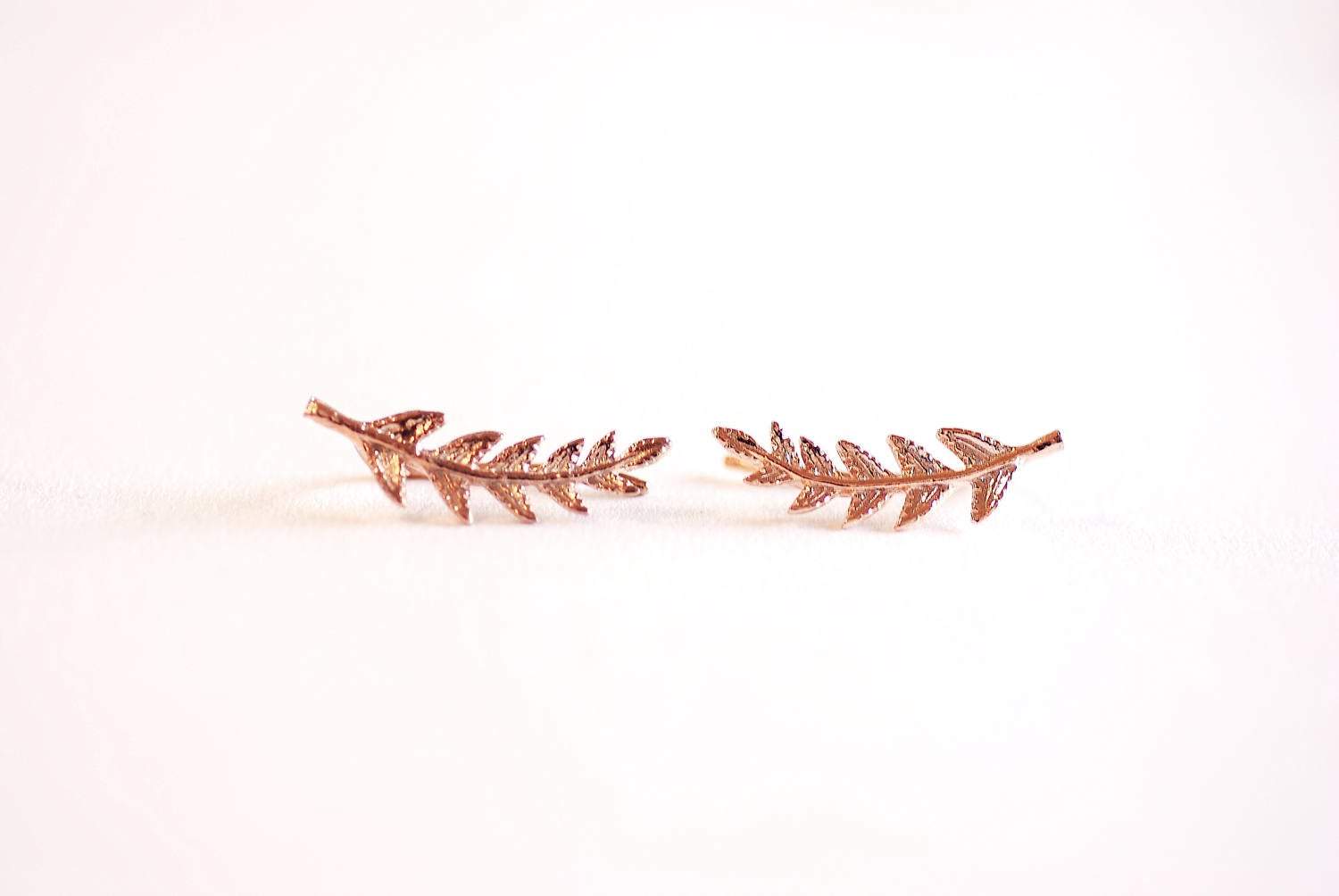 Shiny Rose Gold Leaf Ear Climber- Rose Gold Leaf Ear Cuff, Leaf Earrings Ear Crawler, Ear Climber, Ear Jacket, Leaves Ear Climber Crawler - HarperCrown