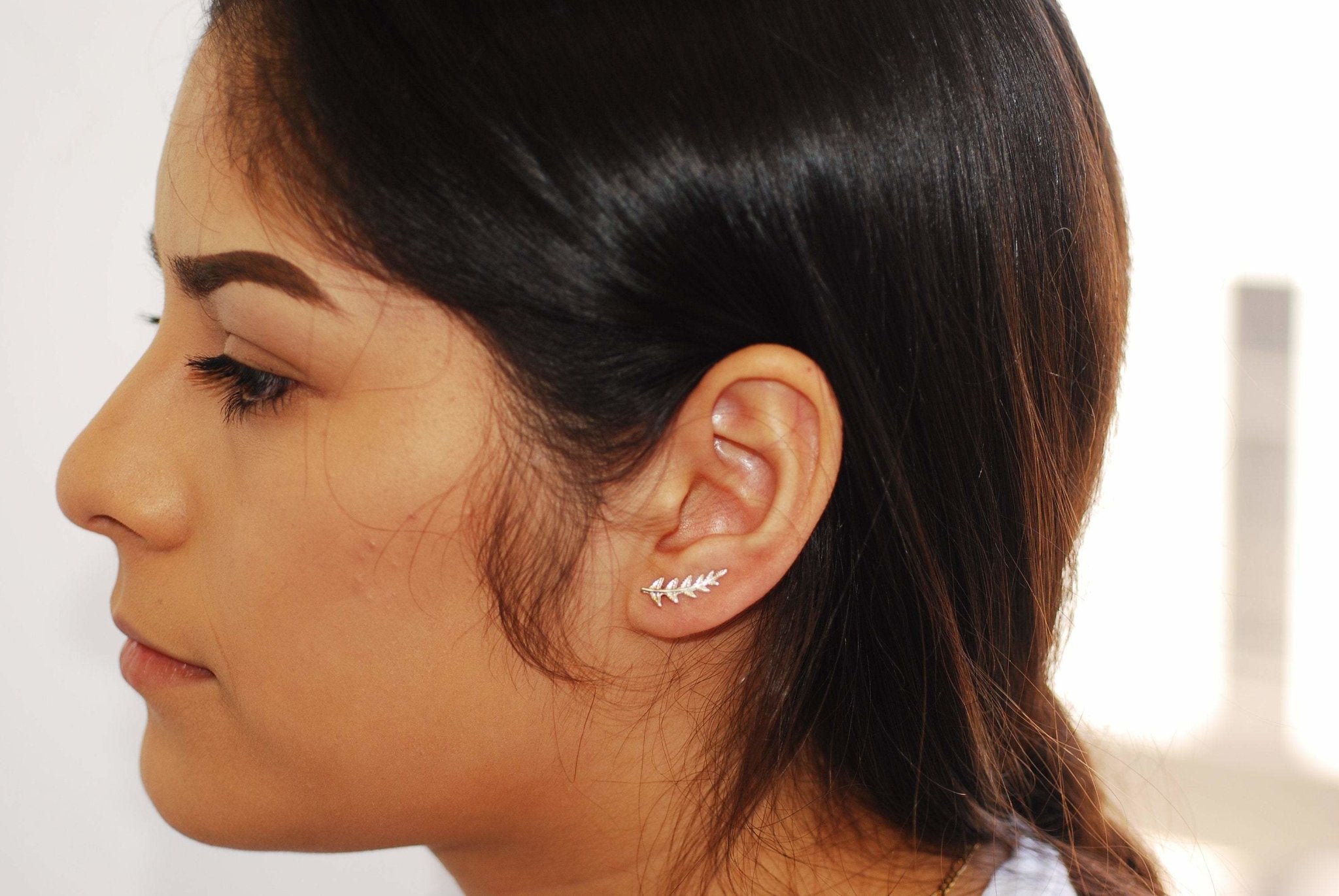 Shiny Rose Gold Leaf Ear Climber- Rose Gold Leaf Ear Cuff, Leaf Earrings Ear Crawler, Ear Climber, Ear Jacket, Leaves Ear Climber Crawler - HarperCrown