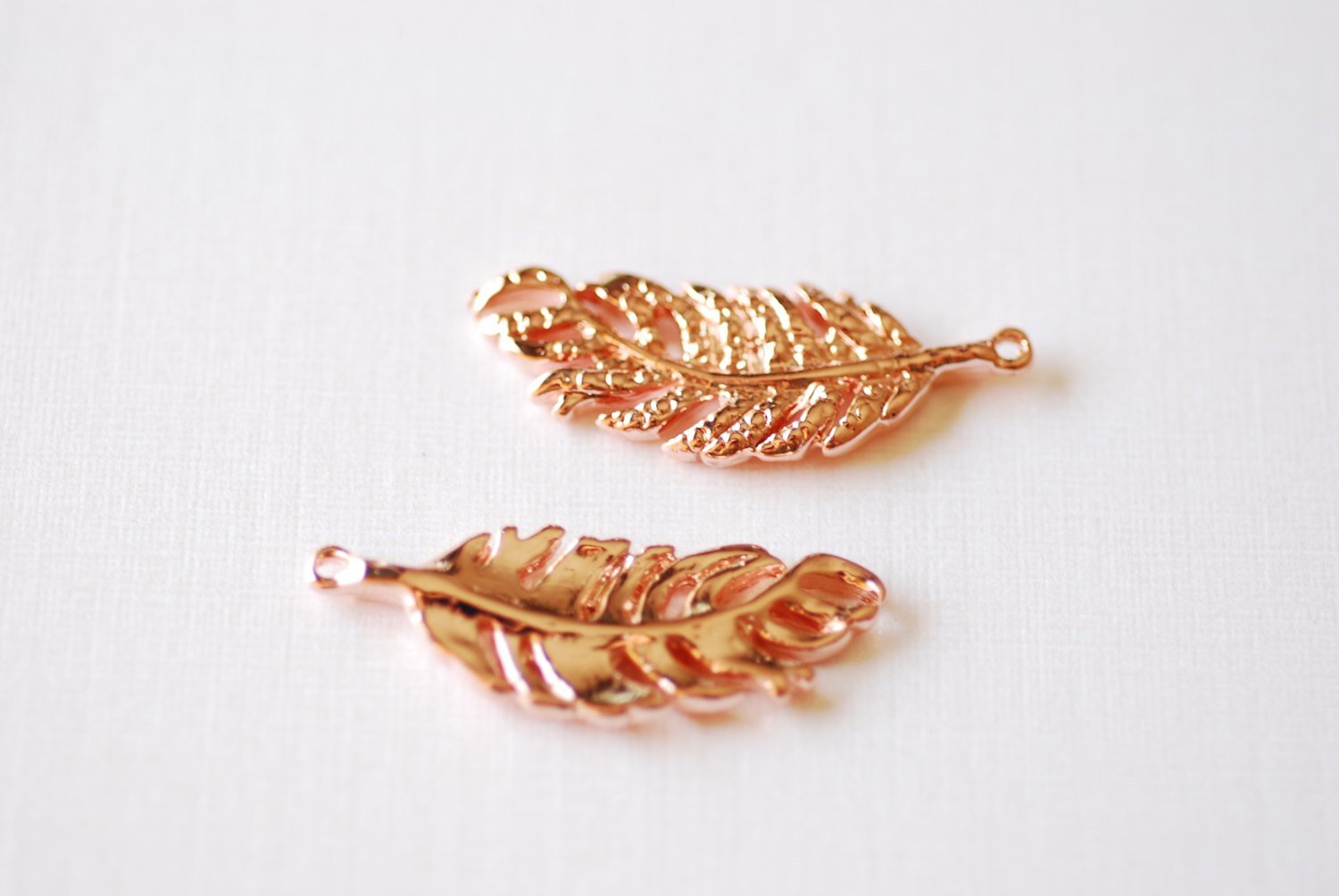 Shiny Rose Vermeil Gold Fern Feather Leaf Charm - 18k gold plated over Sterling Silver, Rose Gold Flower Leaf Charm, Gold Tree Branch Charm - HarperCrown