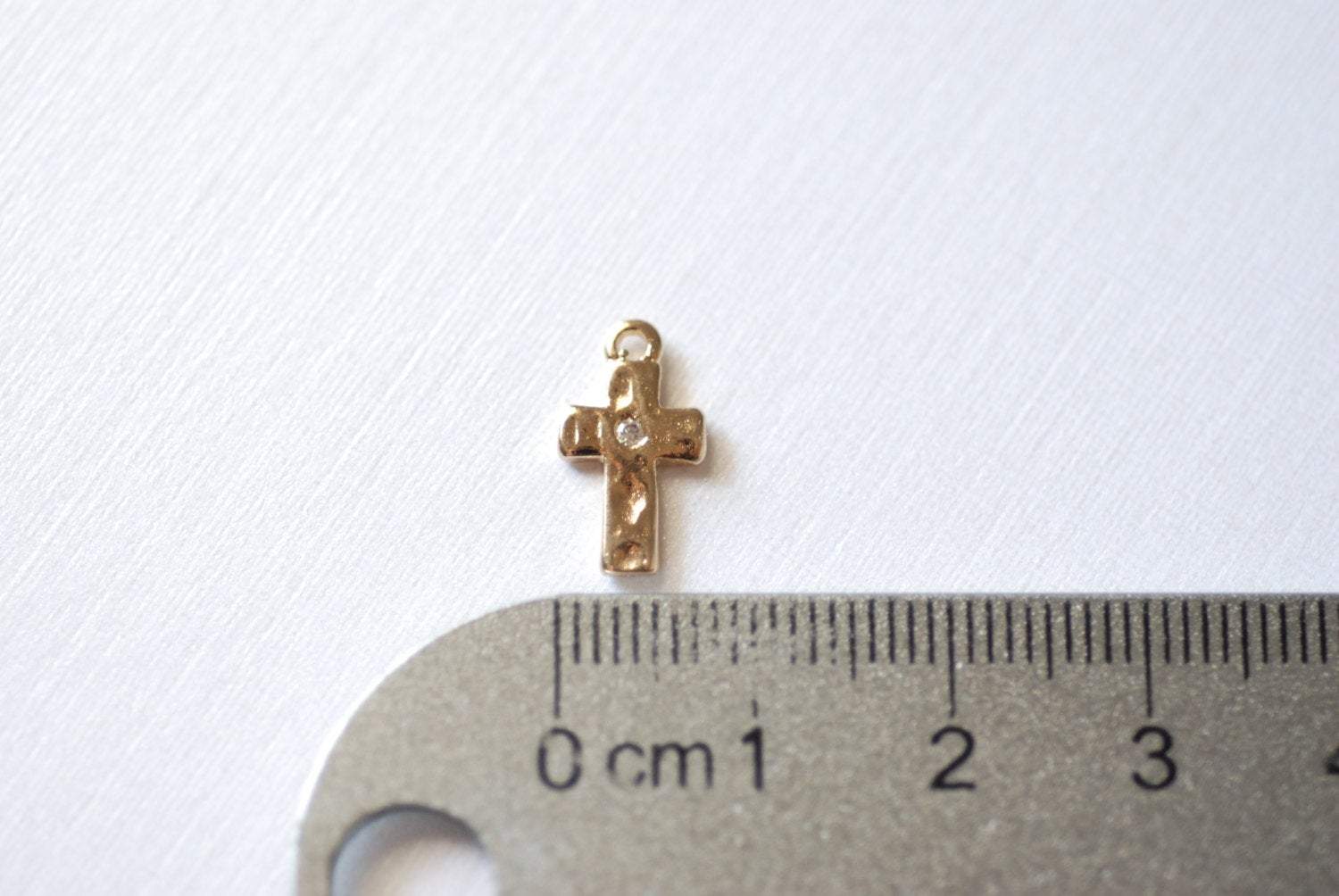 Shiny Vermeil Gold Hammered Cross- 18k gold plated over Sterling Silver, Vermeil Cross Charm, Gold Cross Pendant, Gold Cross Charm with cz - HarperCrown