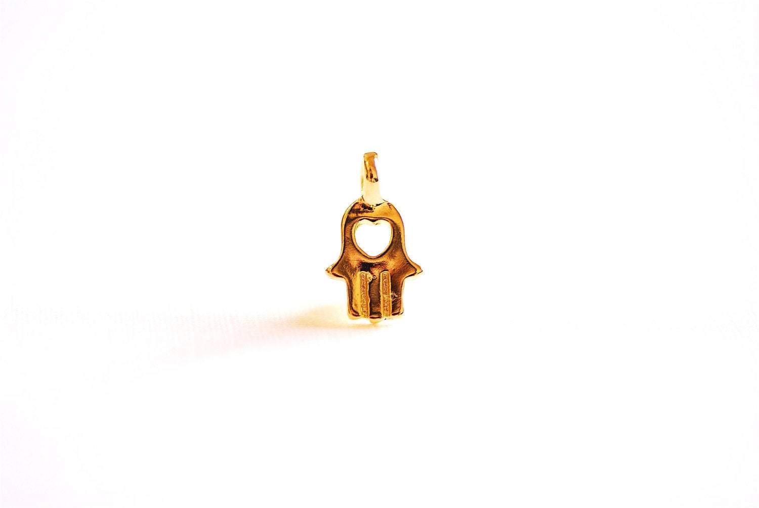 Shiny Vermeil Gold Hamsa Hand with centered heart charm- 18k gold plated over Sterling Silver Hamsa Hand, Heart Hamsa hand Charm, 44 - HarperCrown