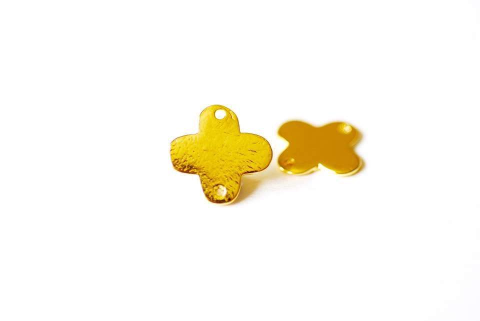 Shiny Vermeil Gold Quatrefoil Four Leaf Clover Charm Connector- 18k gold plated over Sterling Silver, Vermeil Quatrefoil Flower Spacer Link - HarperCrown