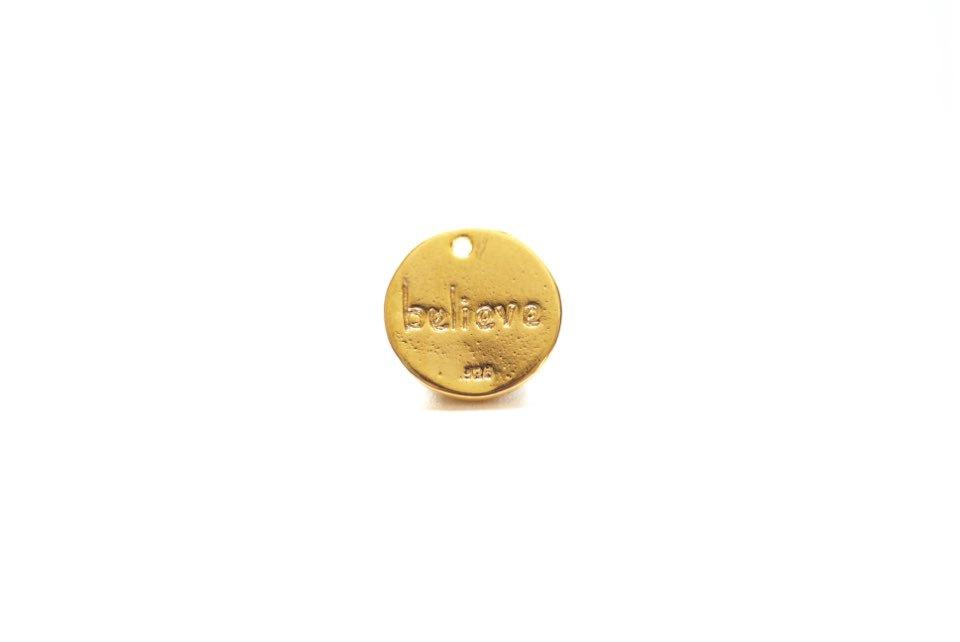 Shiny Vermeil Gold Round BELIEVE Disc- 18k gold plated over Sterling Silver, 12mm Round Gold Disc, Believe, Vermeil Gold Round Blanks, 185 - HarperCrown