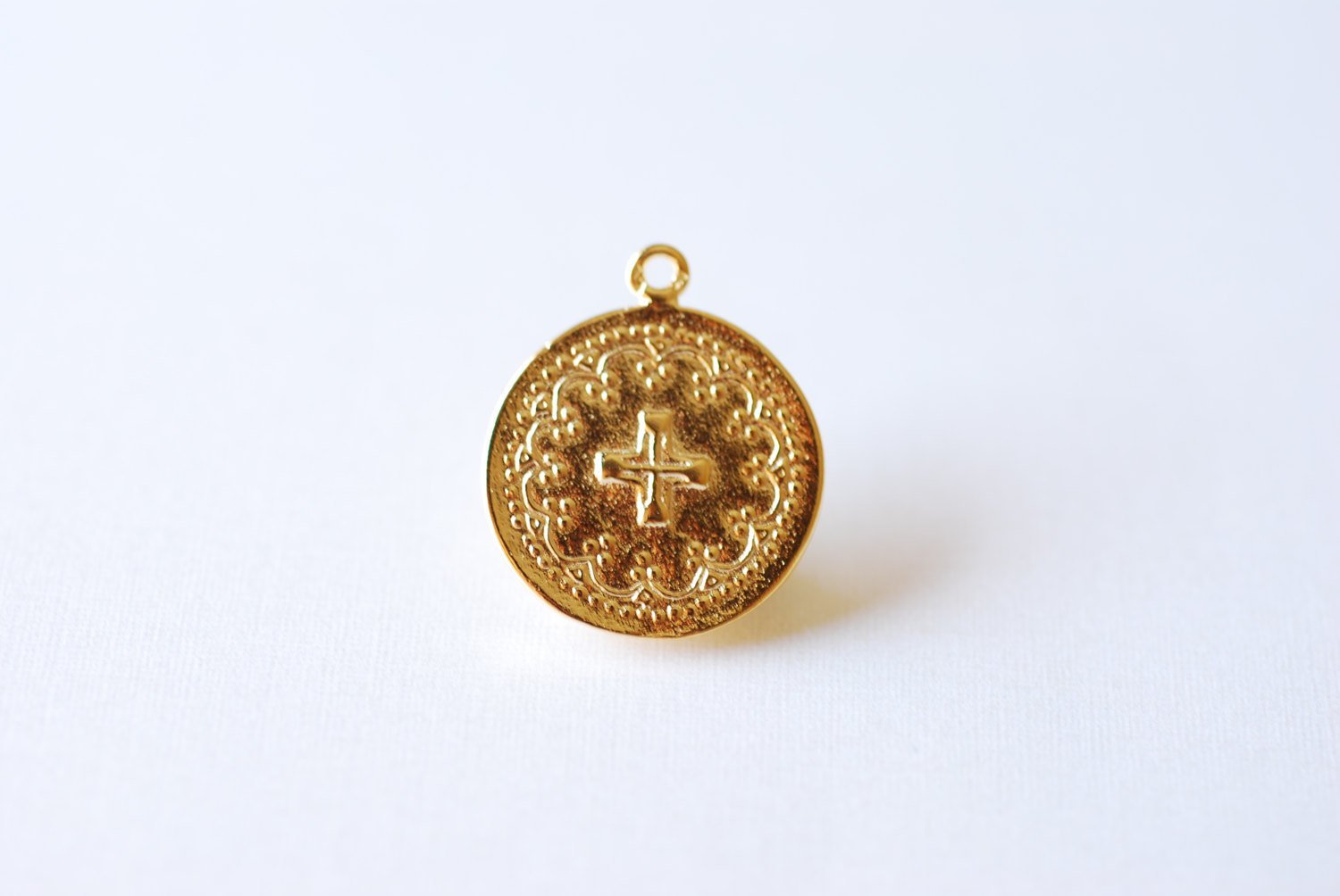 Shiny Vermeil Gold Round Cross Pendant - 18k gold plated over sterling silver, Communion Cross, Vermeil Gold Christian Catholic Cross - HarperCrown