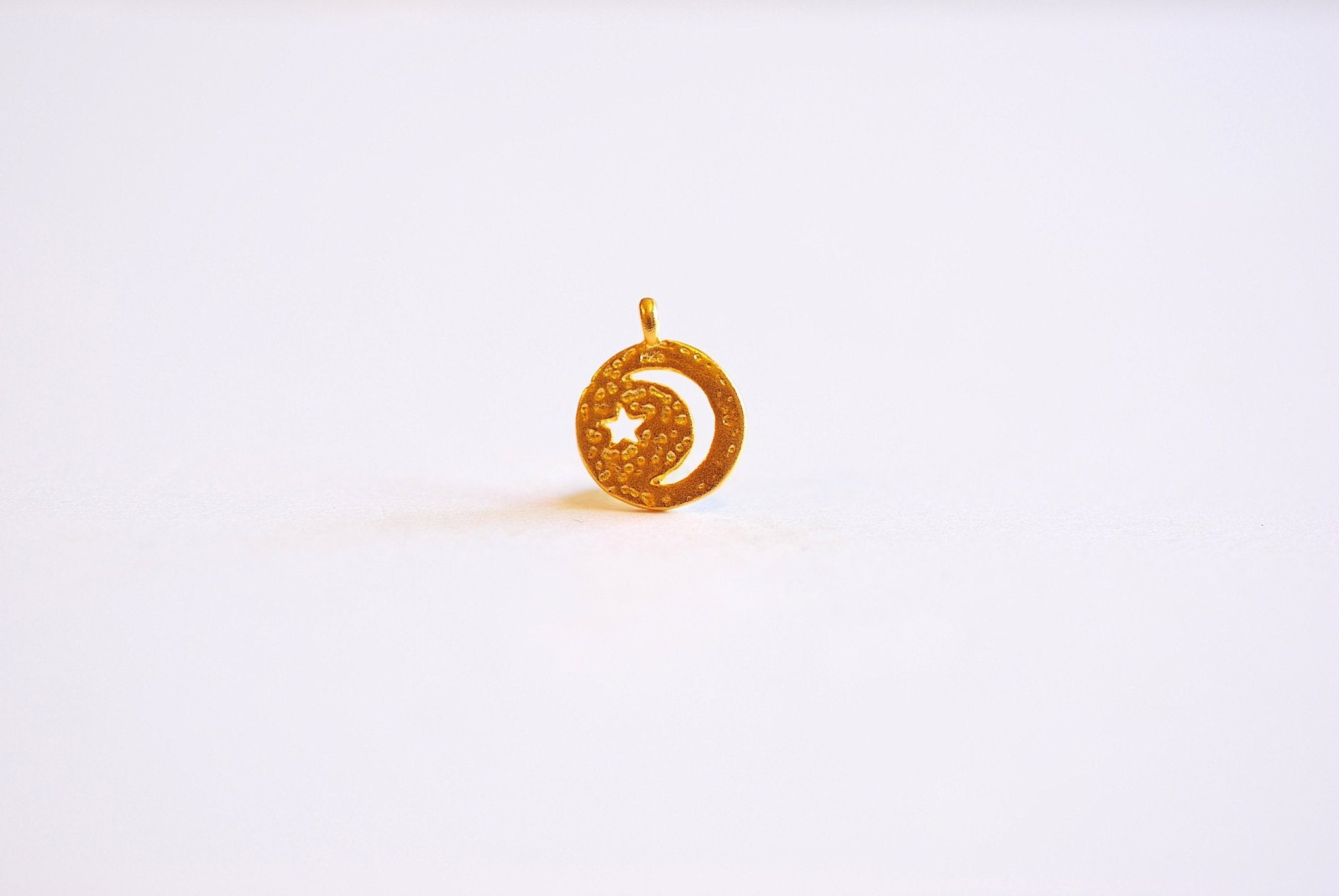 Small Crescent Moon Star Round Circle Tag Charm- Choose Vermeil Gold, Rose Gold, Sterling Silver, Moon Star cutout, night sky, circle, 427 - HarperCrown