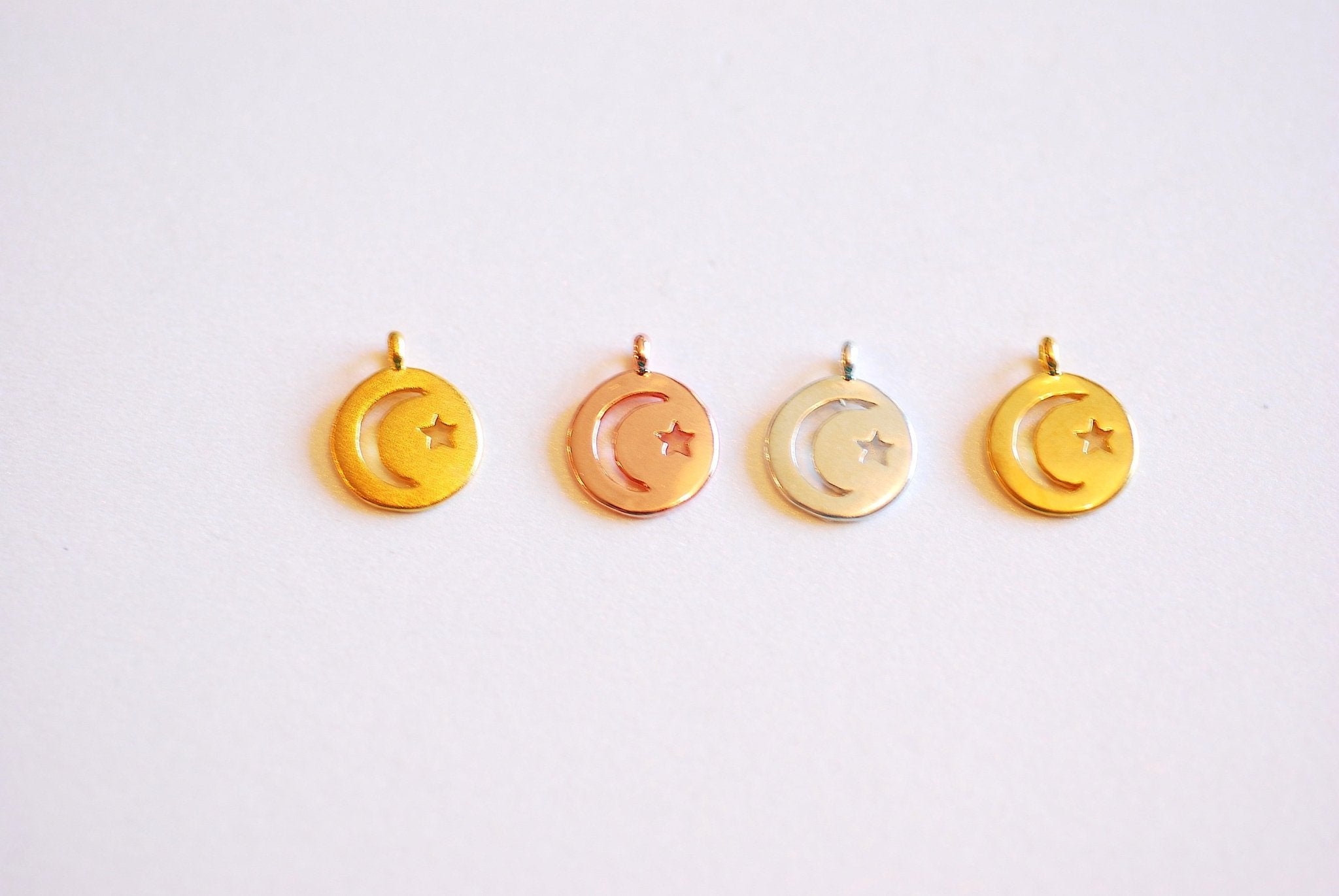 Small Crescent Moon Star Round Circle Tag Charm- Choose Vermeil Gold, Rose Gold, Sterling Silver, Moon Star cutout, night sky, circle, 427 - HarperCrown