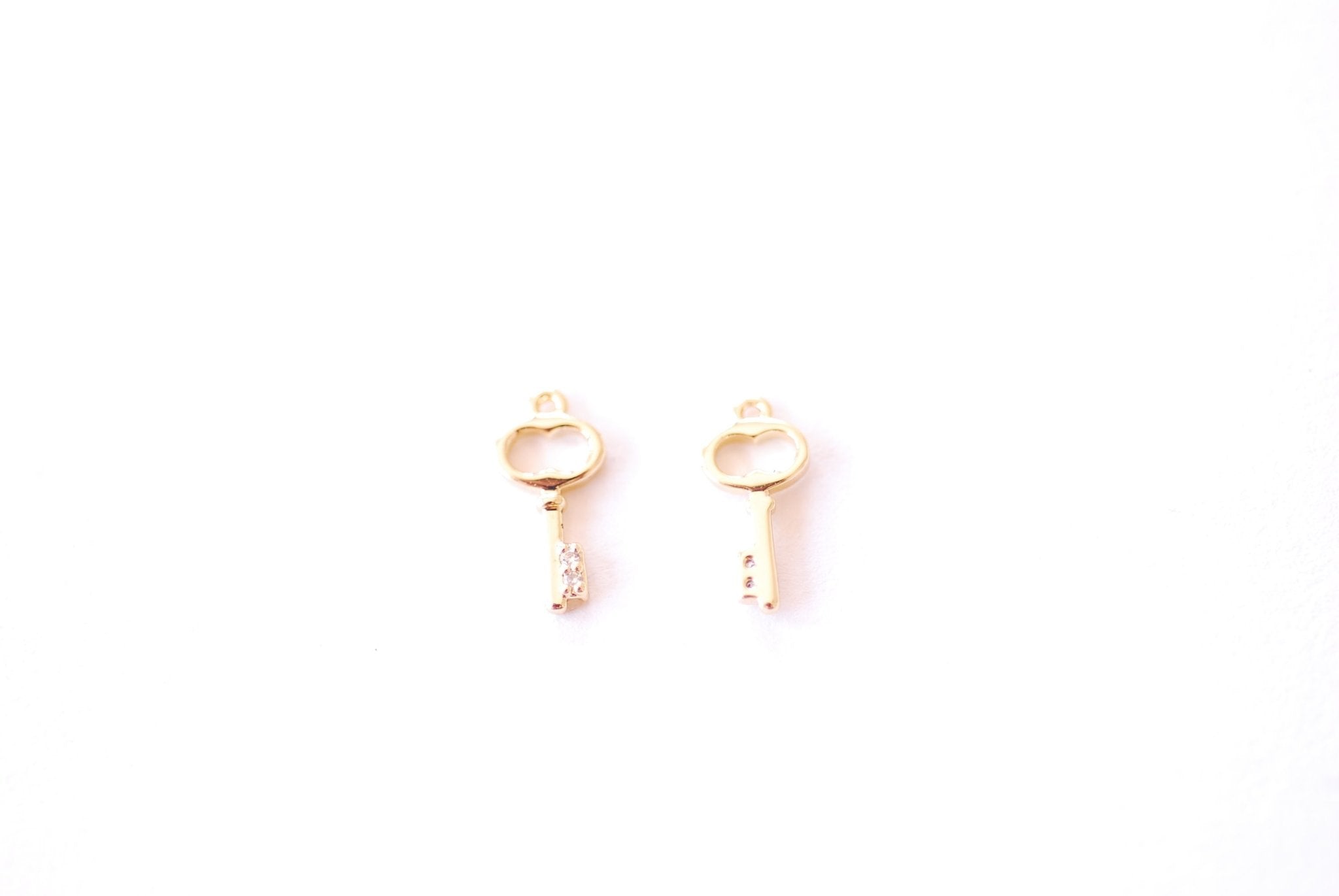 Small Dainty Key Charm | 16K Gold Plated over Brass CZ Cubic Zirconia | Tiny Gold Lock Key Pendant Wholesale Brass Charms B326 - HarperCrown