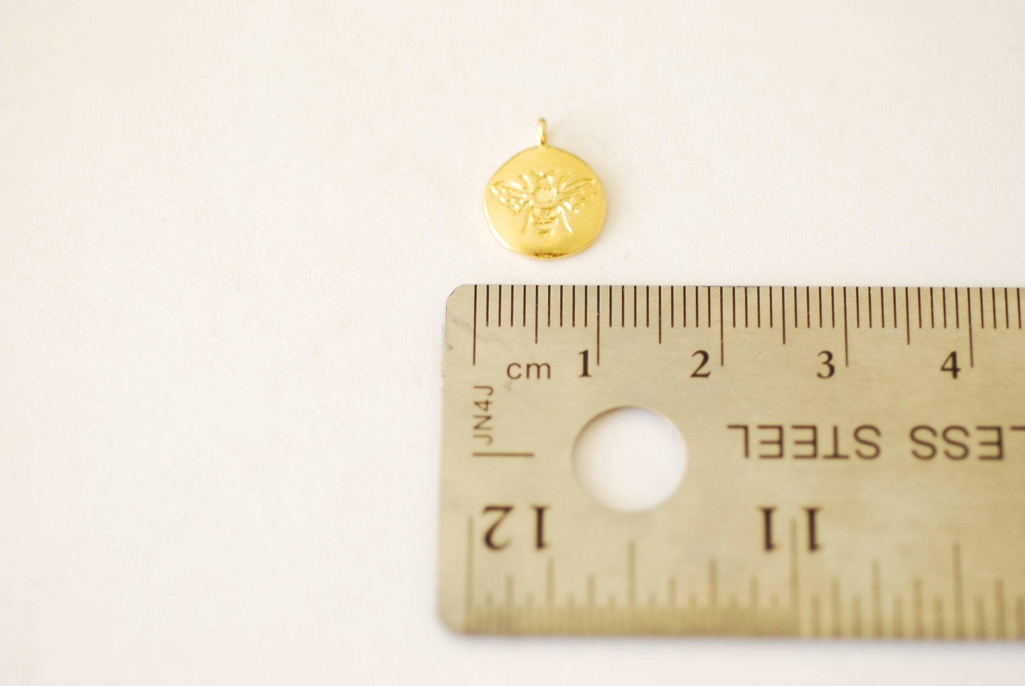 Small Round Bee Charm - vermeil gold or sterling silver disc bee honeybee queen bee embossed bee insect animal gold coin honeycomb [A102] - HarperCrown