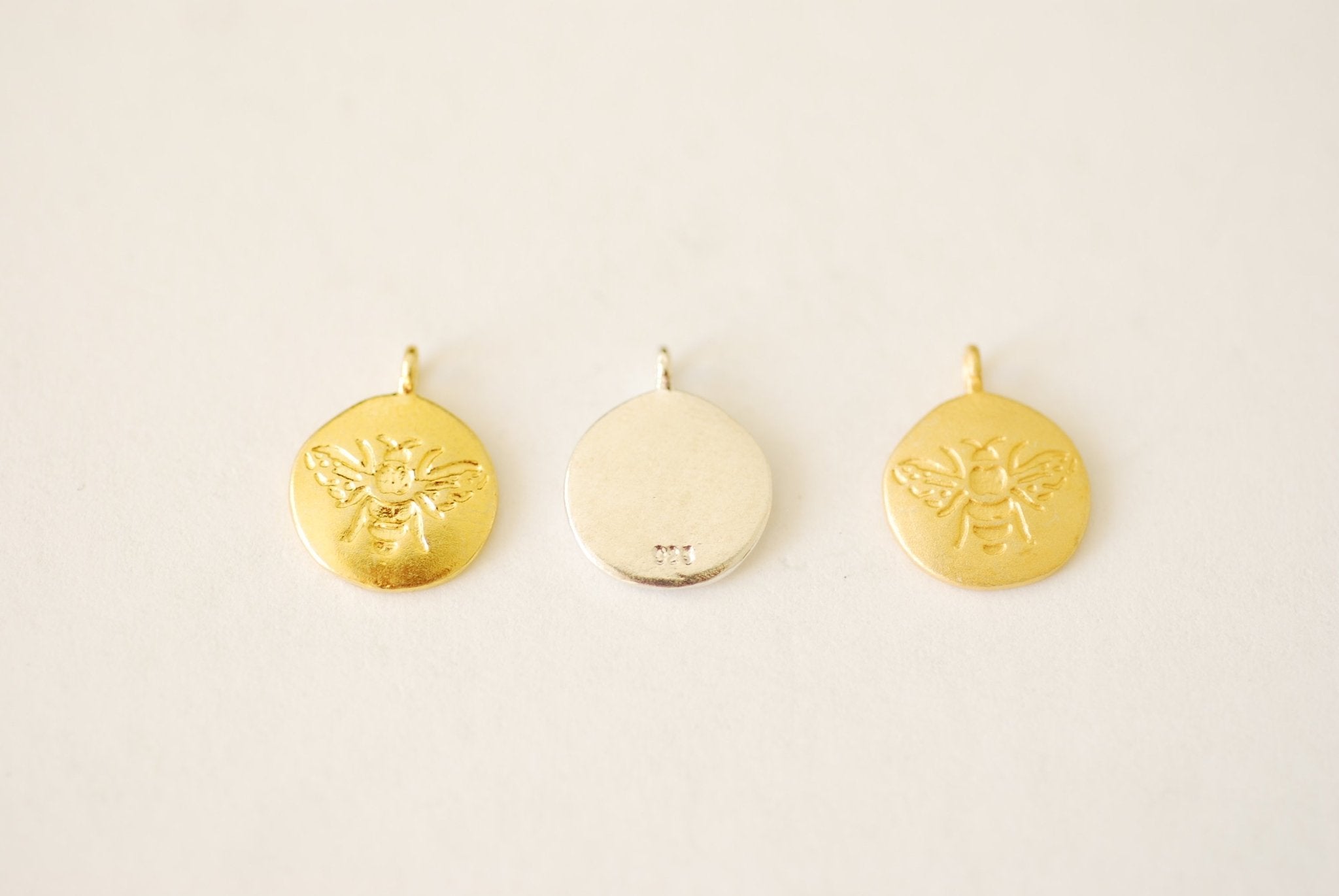 Small Round Bee Charm - vermeil gold or sterling silver disc bee honeybee queen bee embossed bee insect animal gold coin honeycomb [A102] - HarperCrown