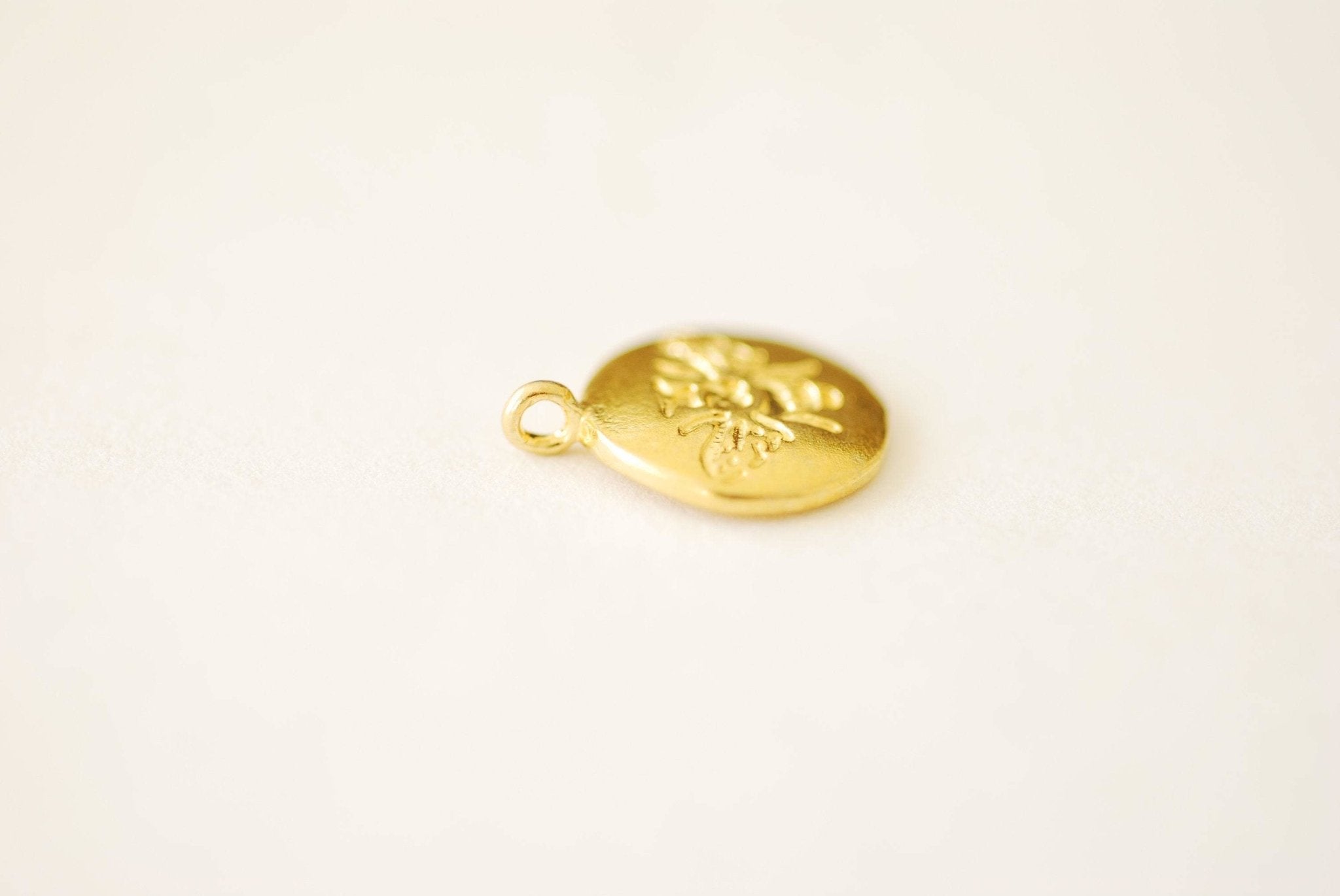 Small Round Bee Charm - vermeil gold or sterling silver disc bee honeybee queen bee embossed bee insect animal gold coin honeycomb [A102] - HarperCrown