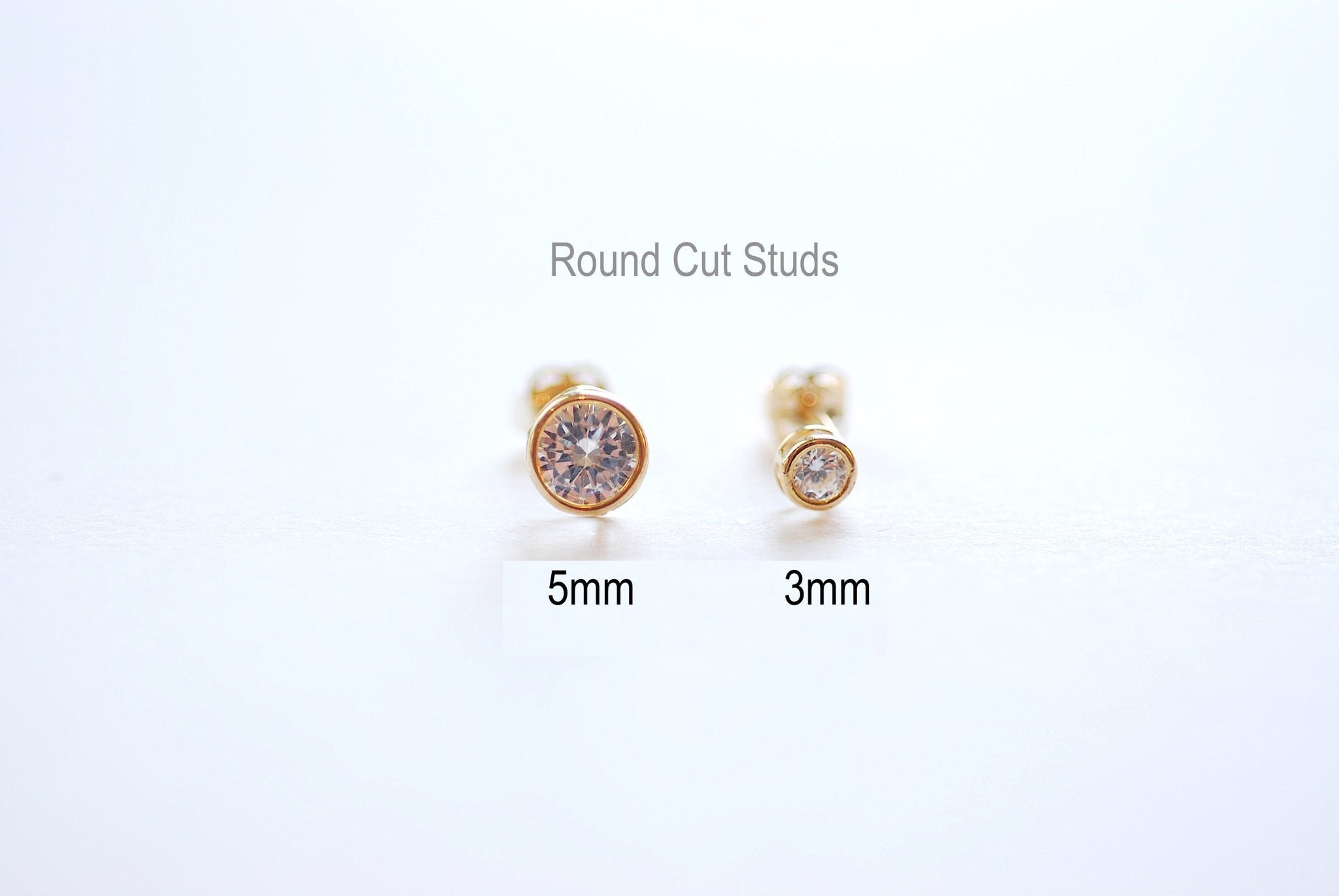 Solid 14k Yellow Gold Stud Earrings - Yellow Gold White CZ Earrings, Round Solitaire Studs, Princess Cut Stud Earrings, 3mm Studs, 4mm Studs - HarperCrown