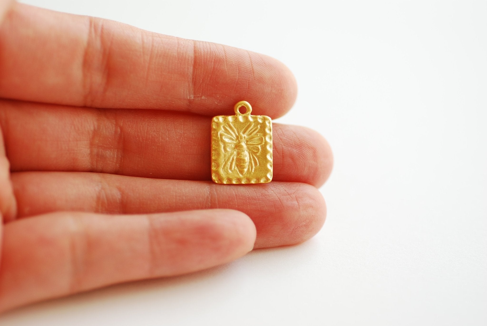 Square Bee Pendant Tag- Vermeil 22k Gold plated over 925 Sterling Silver, Honey bee Charm, Sweet Honey Bee Charm, Honey Bee Rectangle, 474 - HarperCrown