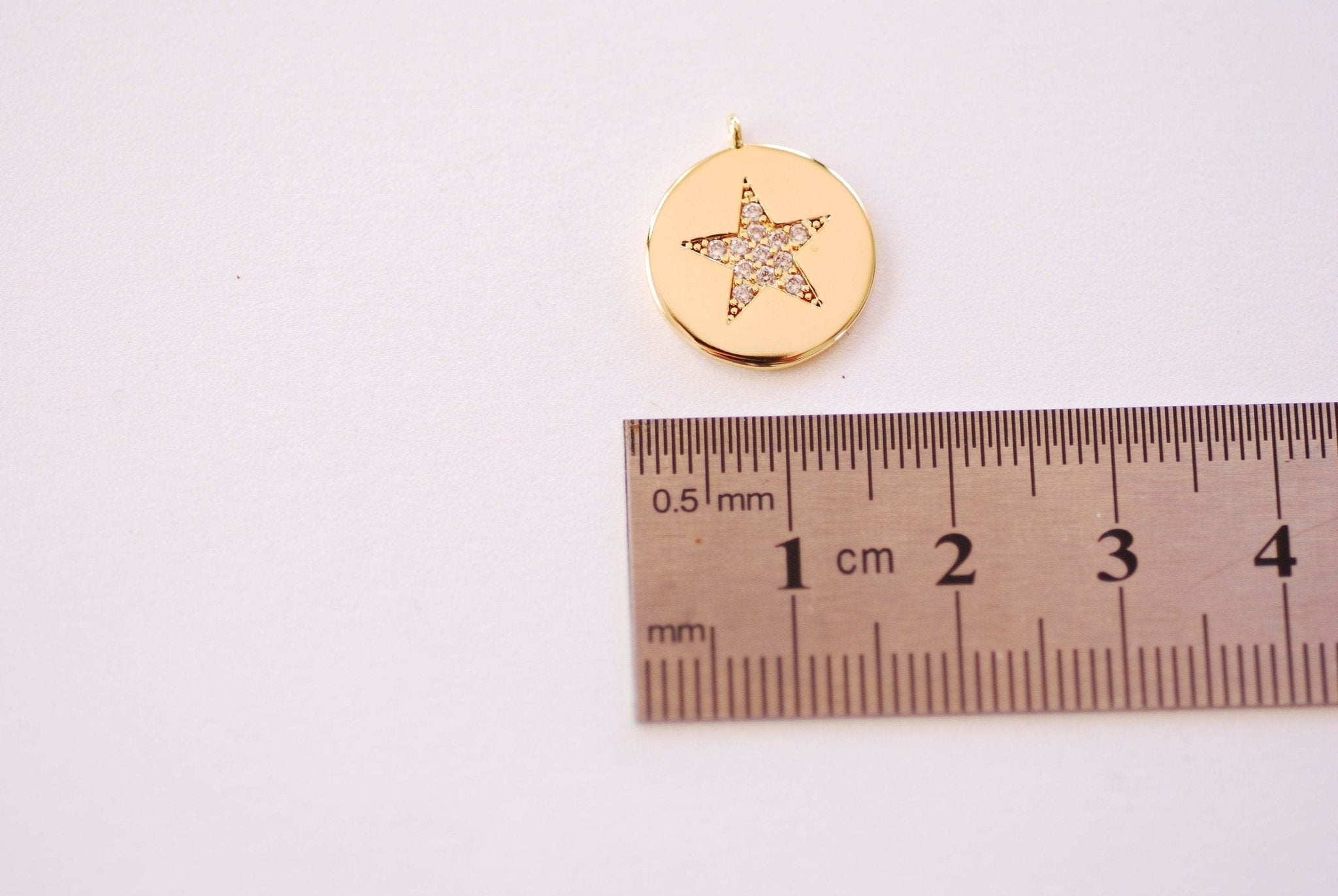 Star Micro Pave Cubic Zirconia Disc Charm - 16k Gold Plated over Brass North Star Starburst Micro Pave CZ DIY HarperCrown Wholesale B151 - HarperCrown