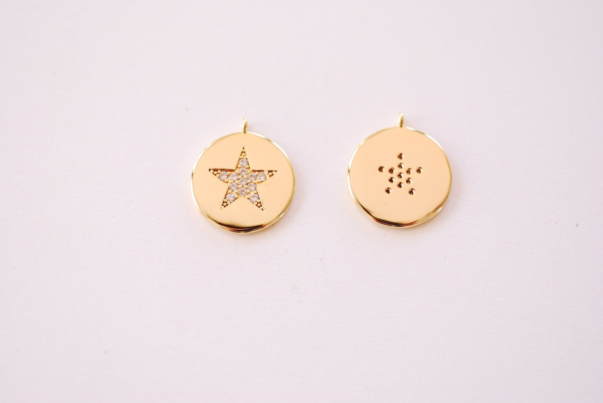 Star Micro Pave Cubic Zirconia Disc Charm - 16k Gold Plated over Brass North Star Starburst Micro Pave CZ DIY HarperCrown Wholesale B151 - HarperCrown