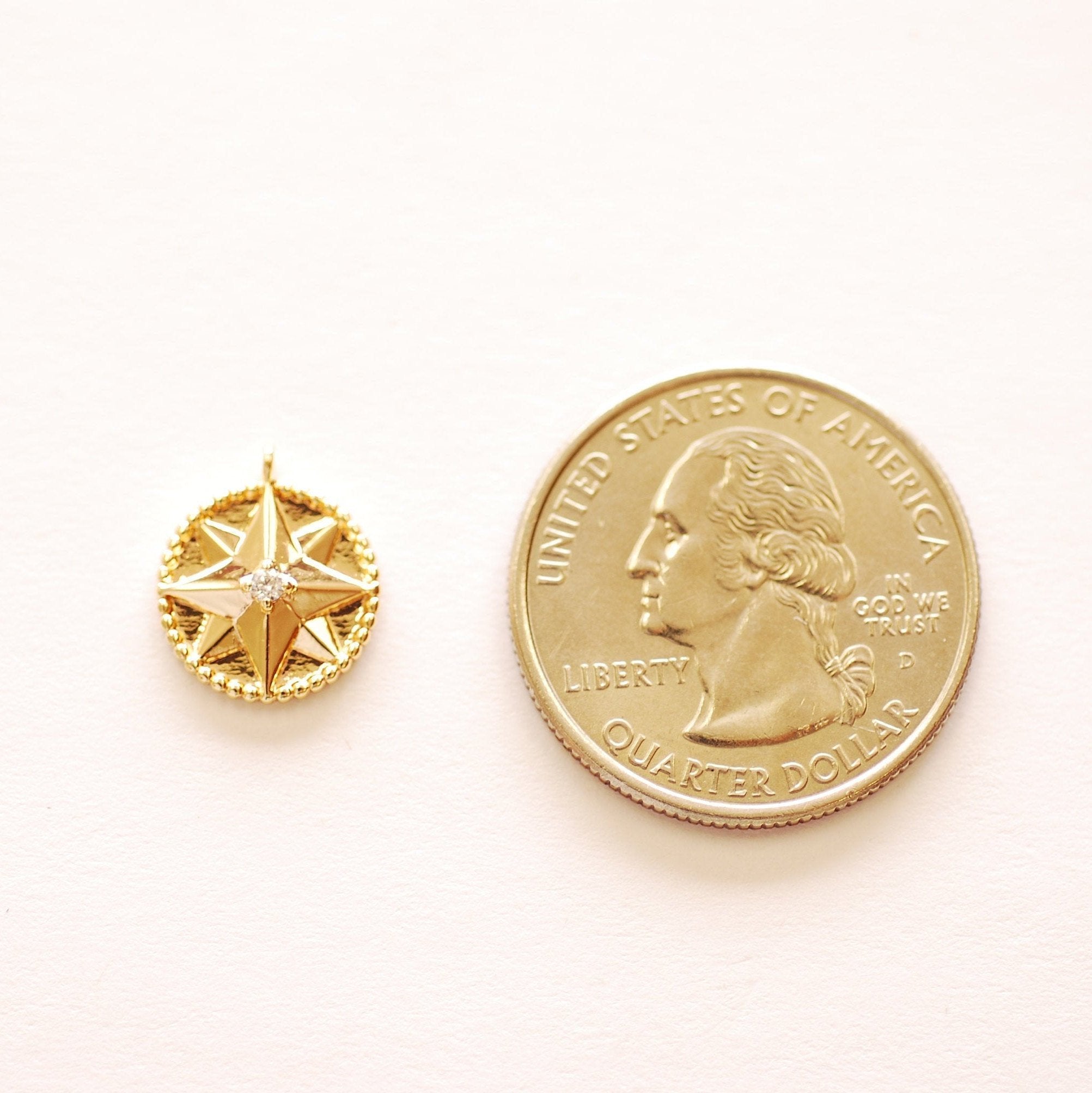 Star Round Cubic Zirconia Disc Charm - 16k Gold Plated over Brass North Star Starburst CZ DIY HarperCrown Wholesale B257 - HarperCrown