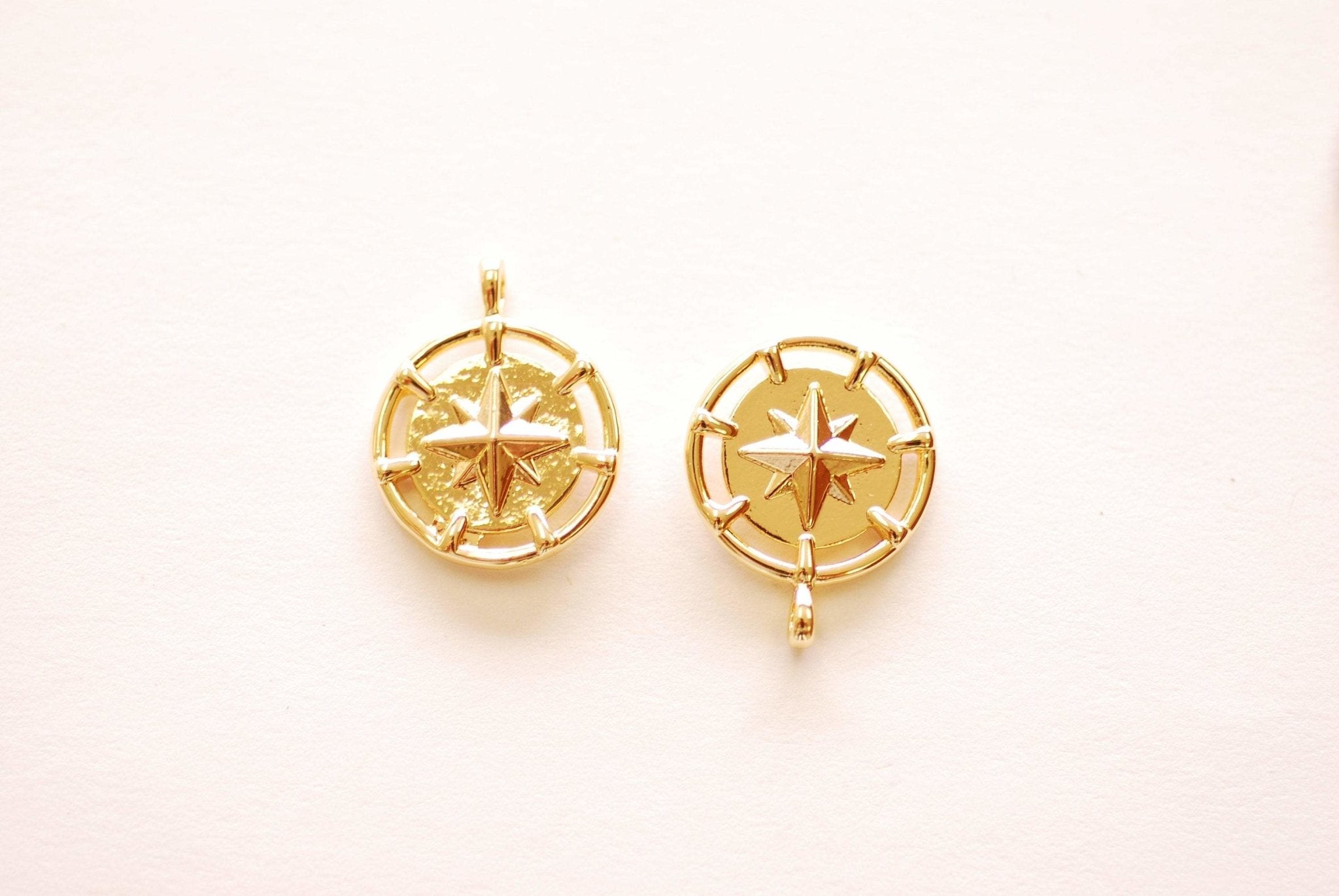 Star Round Disc Charm - 16k Gold Plated over Brass North Star Starburst Compass DIY HarperCrown Wholesale B264 - HarperCrown