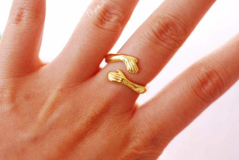 Sterling Silver or Gold Hand Hugging Ring, Embrace Ring