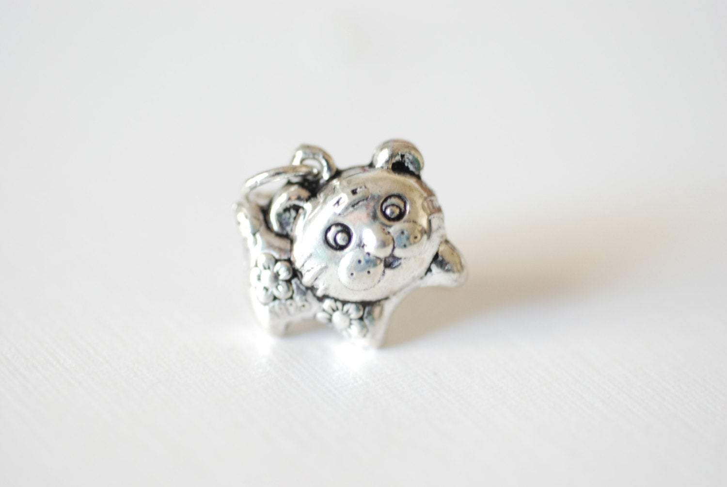 Sterling Silver Oxidized Puffy Cat Charm, Cat Lover Charm - HarperCrown