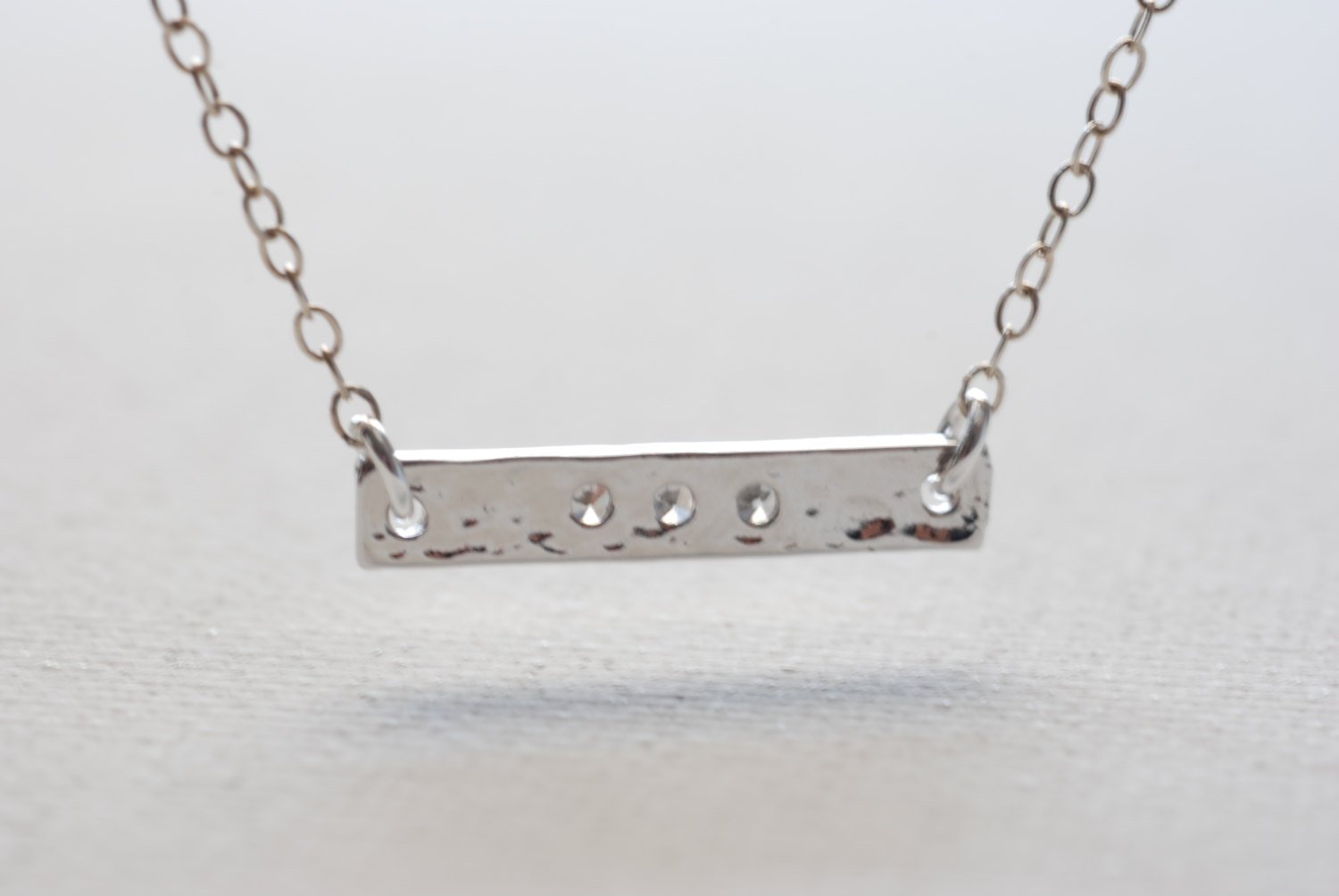 Sterling Silver Sideways Hammered Bar Necklace,Silver Bar with Crystals,Horizontal Bar Necklace,Hammered Sideways Bar,Dainty Bar Necklace - HarperCrown