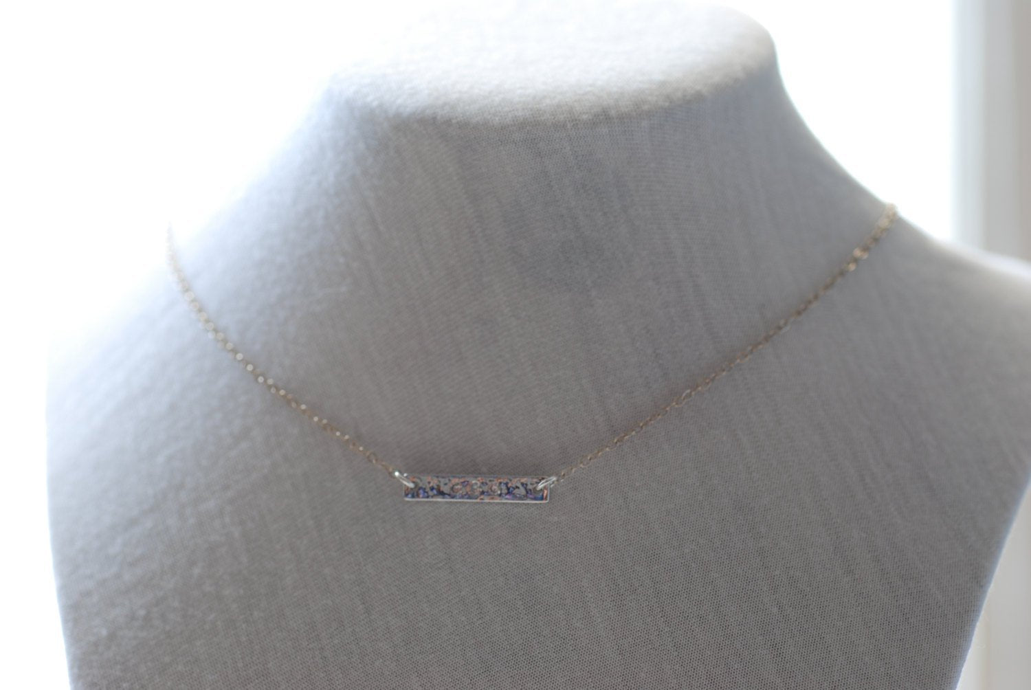 Sterling Silver Sideways Hammered Bar Necklace,Silver Bar with Crystals,Horizontal Bar Necklace,Hammered Sideways Bar,Dainty Bar Necklace - HarperCrown