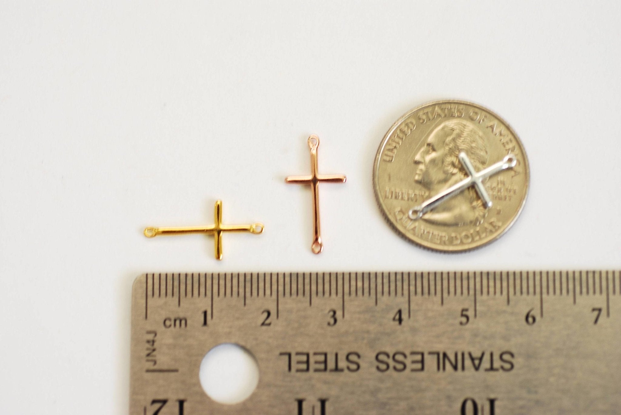 Vermeil Gold Cross Connector Charm- 22k Gold plated over sterling Silver, Rose Gold Cross, Spacer, Link, sideways horizontal cross, E48 - HarperCrown